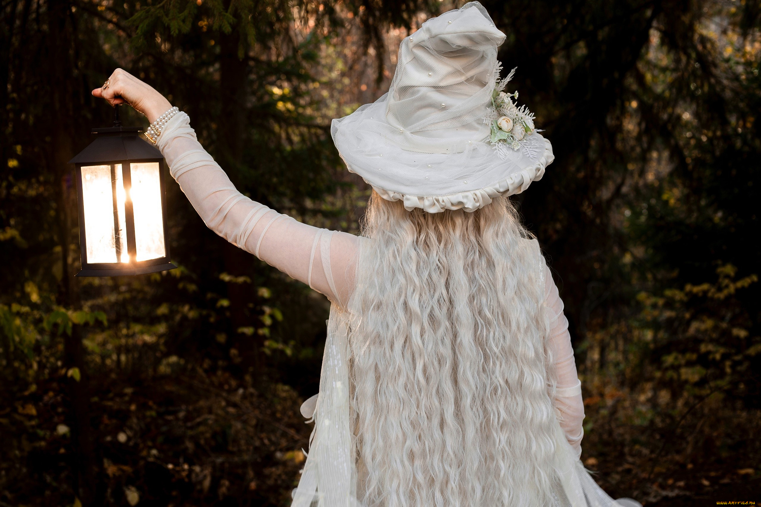 девушки, -, креатив, , косплей, образ, костюм, косплей, наряд, шляпа, платье, фонарь, лес