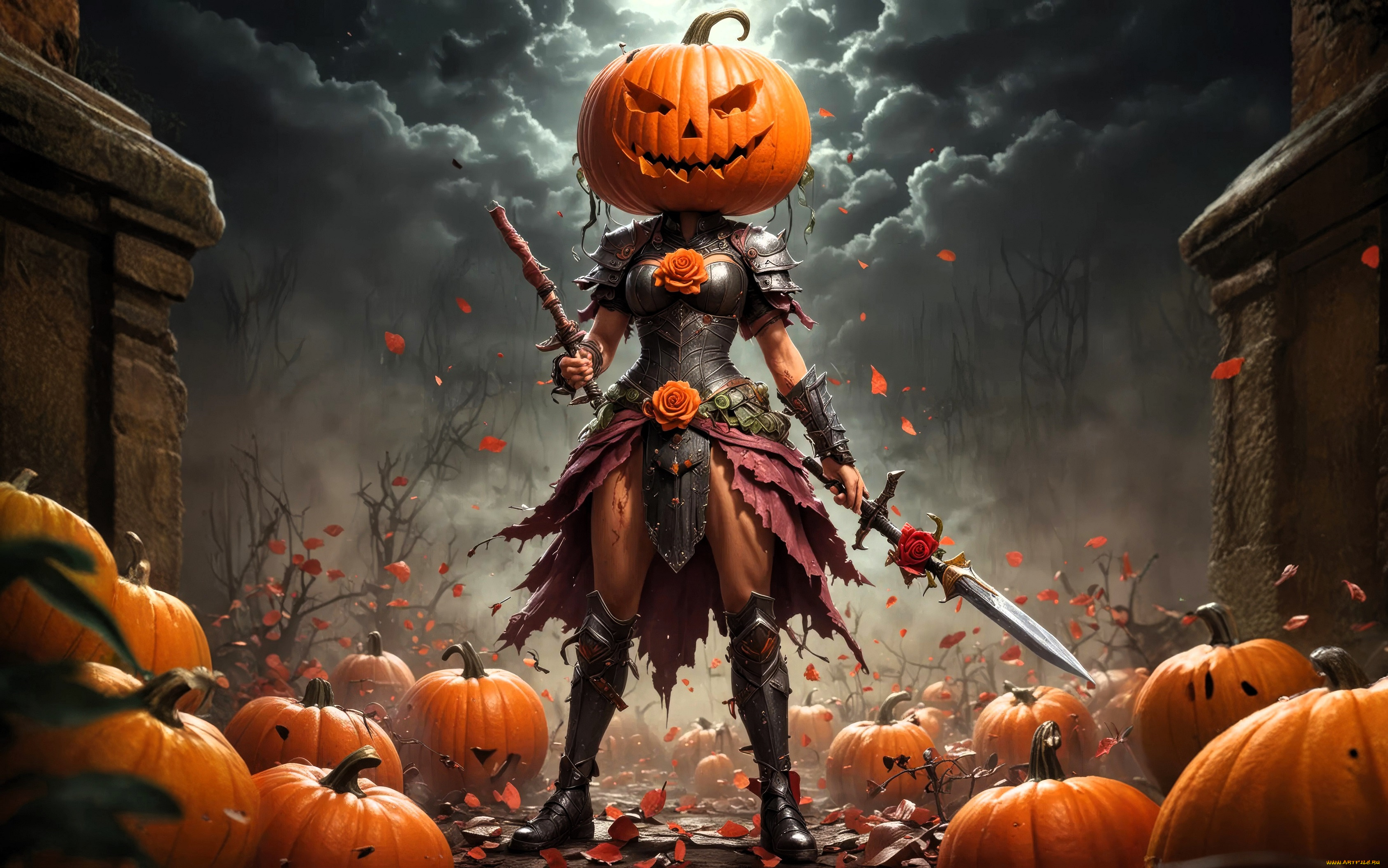 3д, графика, фантазия, , fantasy, хэллоуин, девушка, тыквы, существо, тучи, развалины, оружие, розы
