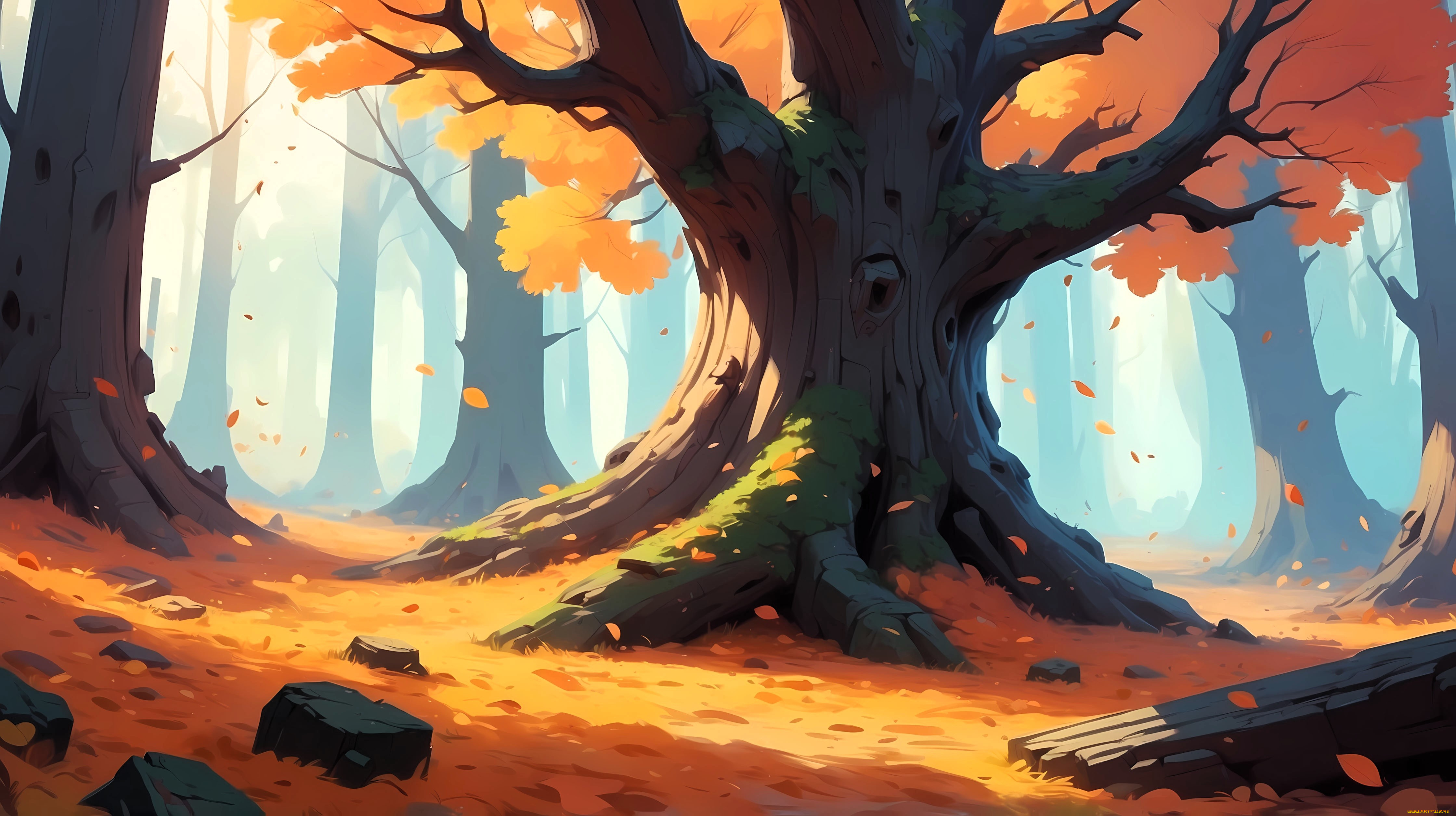 рисованное, природа, осень, деревья, лес, листья, камни