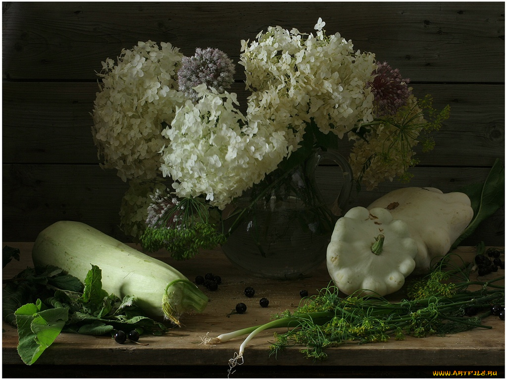 ира, быкова, букет, гортензии, два, патиссона, кабачок, еда, натюрморт