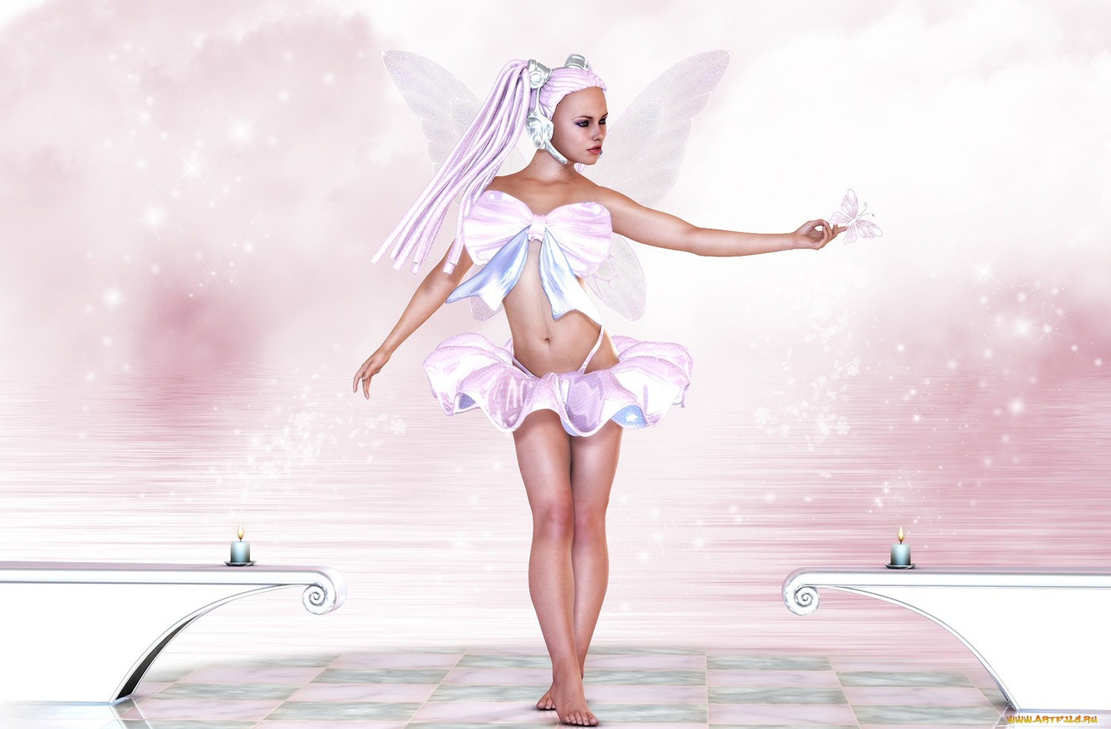 3д, графика, elves, эльфы, бабочка, девушка, крилья, свечи