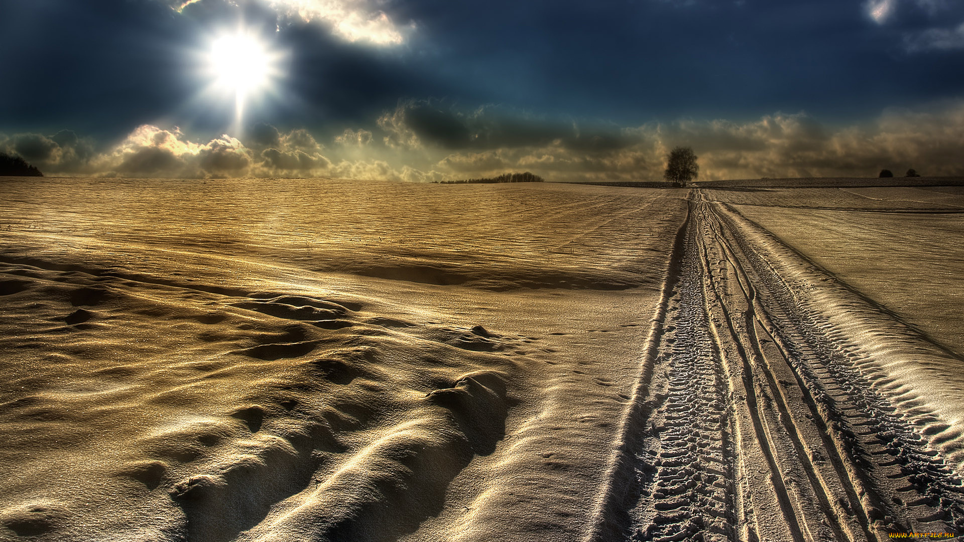 природа, дороги, поле, снег, закат, дорога