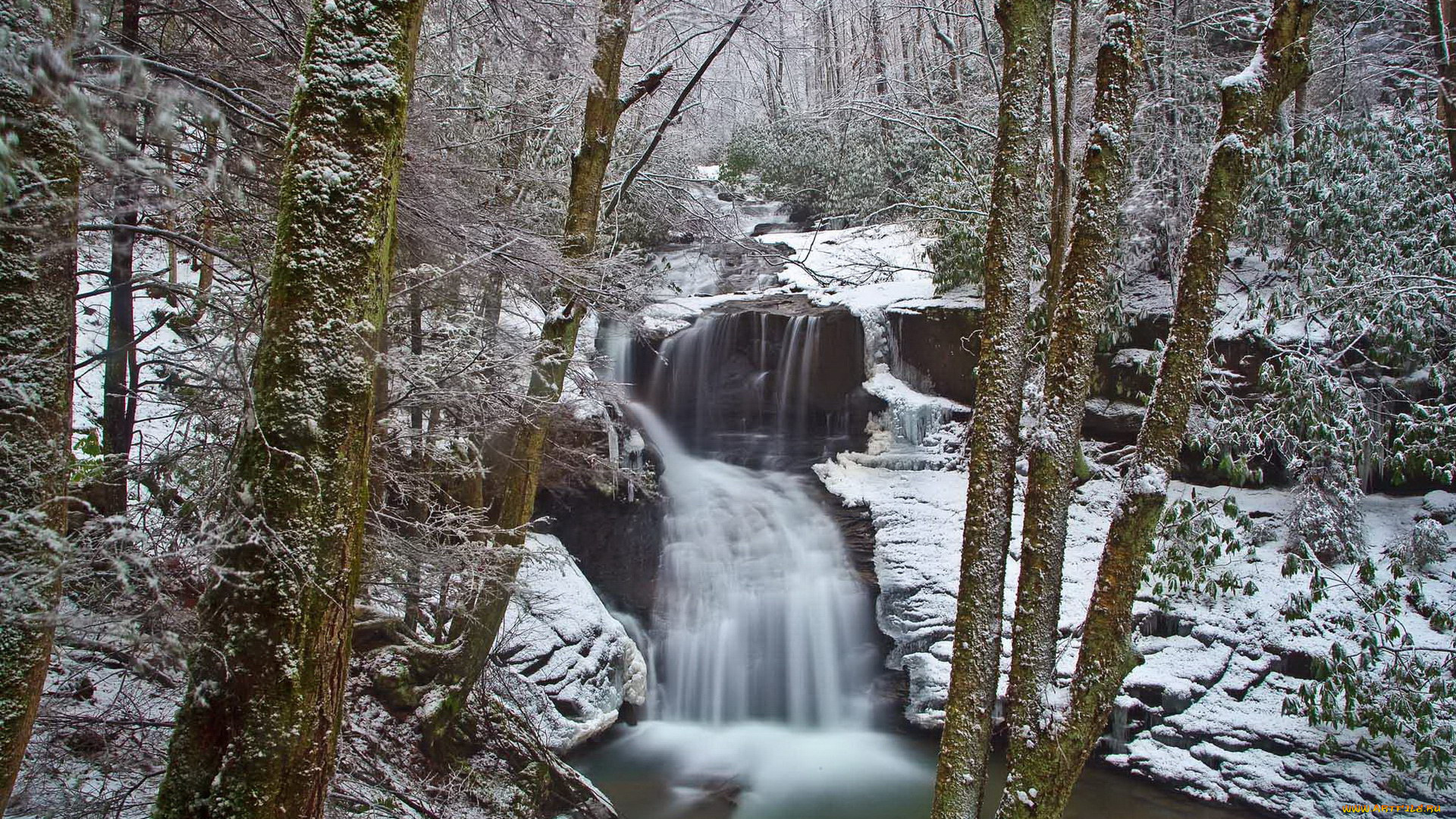 природа, водопады, камни, вода, деревья, снег
