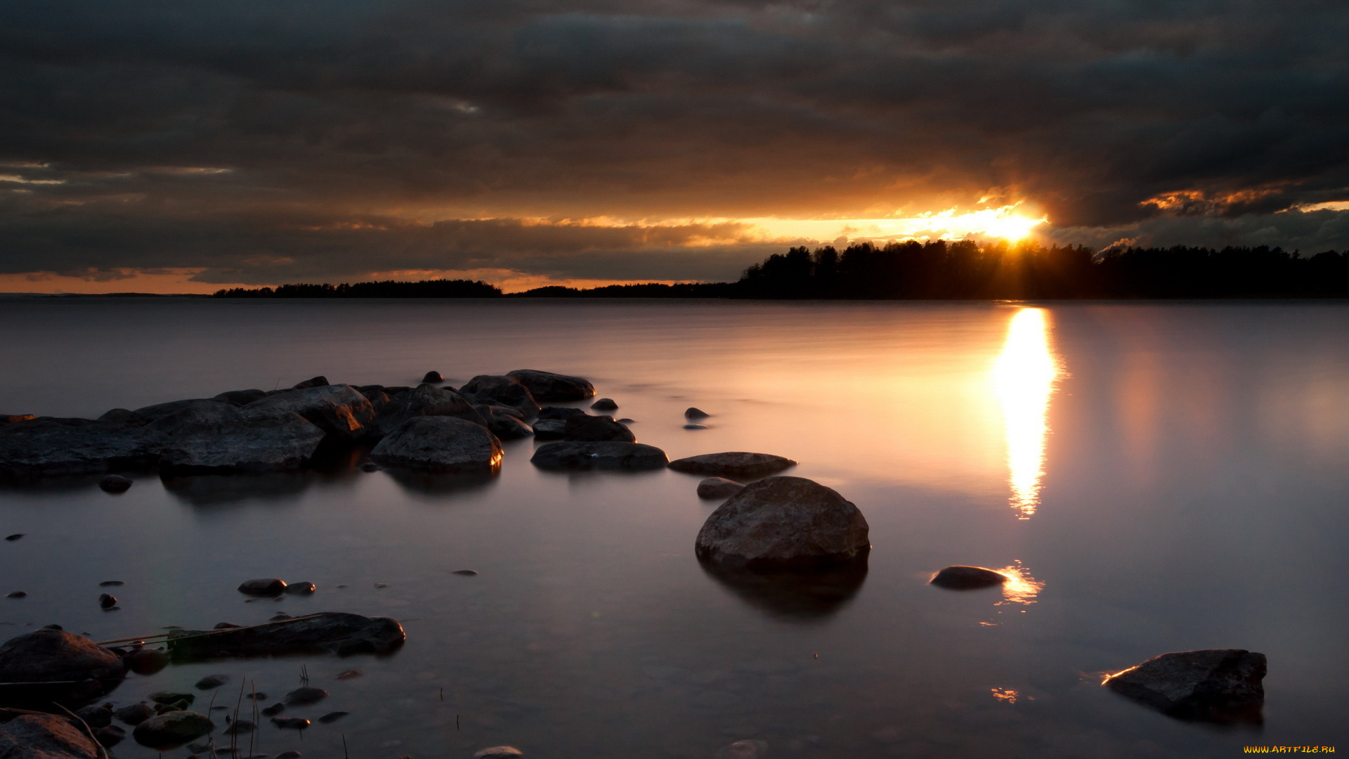 природа, восходы, закаты, вечер, озеро, камни