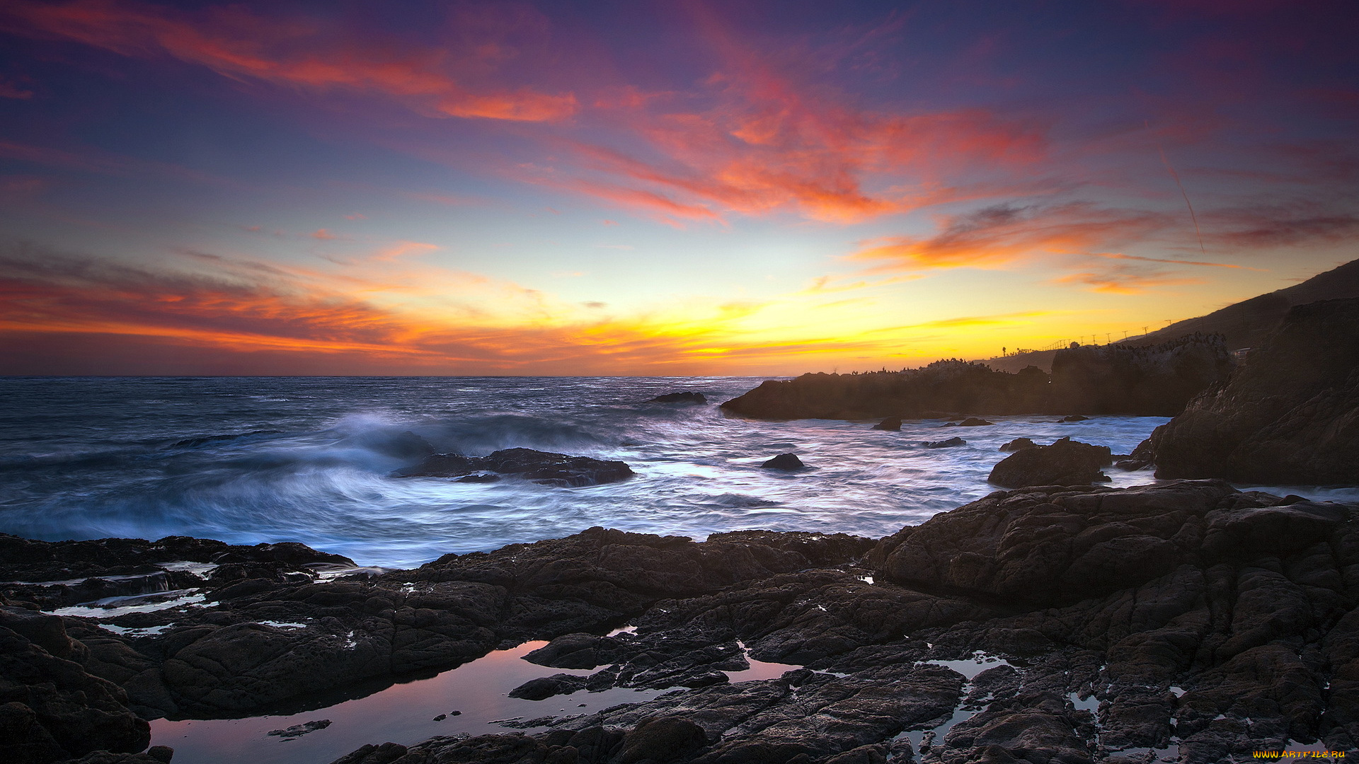 природа, восходы, закаты, волны, камни, пляж, закат, океан