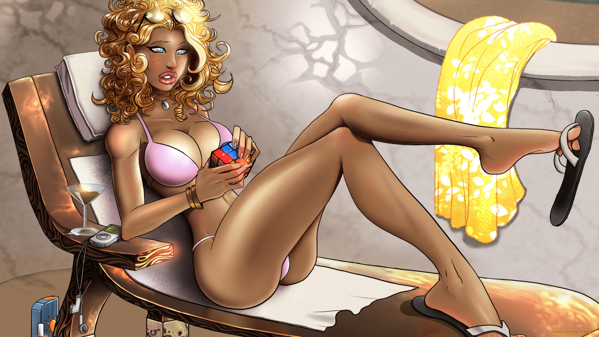 рисованные, люди, плеер, загар, очки, шезлонг, головоломка, рубика, кубик, купальник