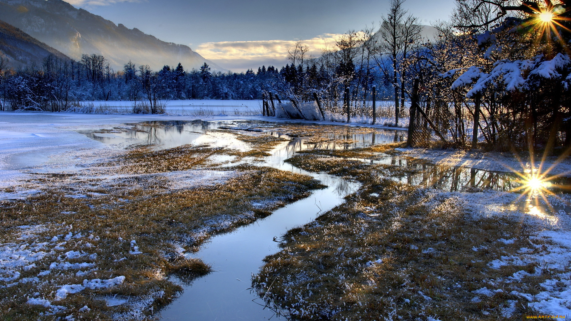 зимнее, утро, природа, зима, солнце, горы, река, снег