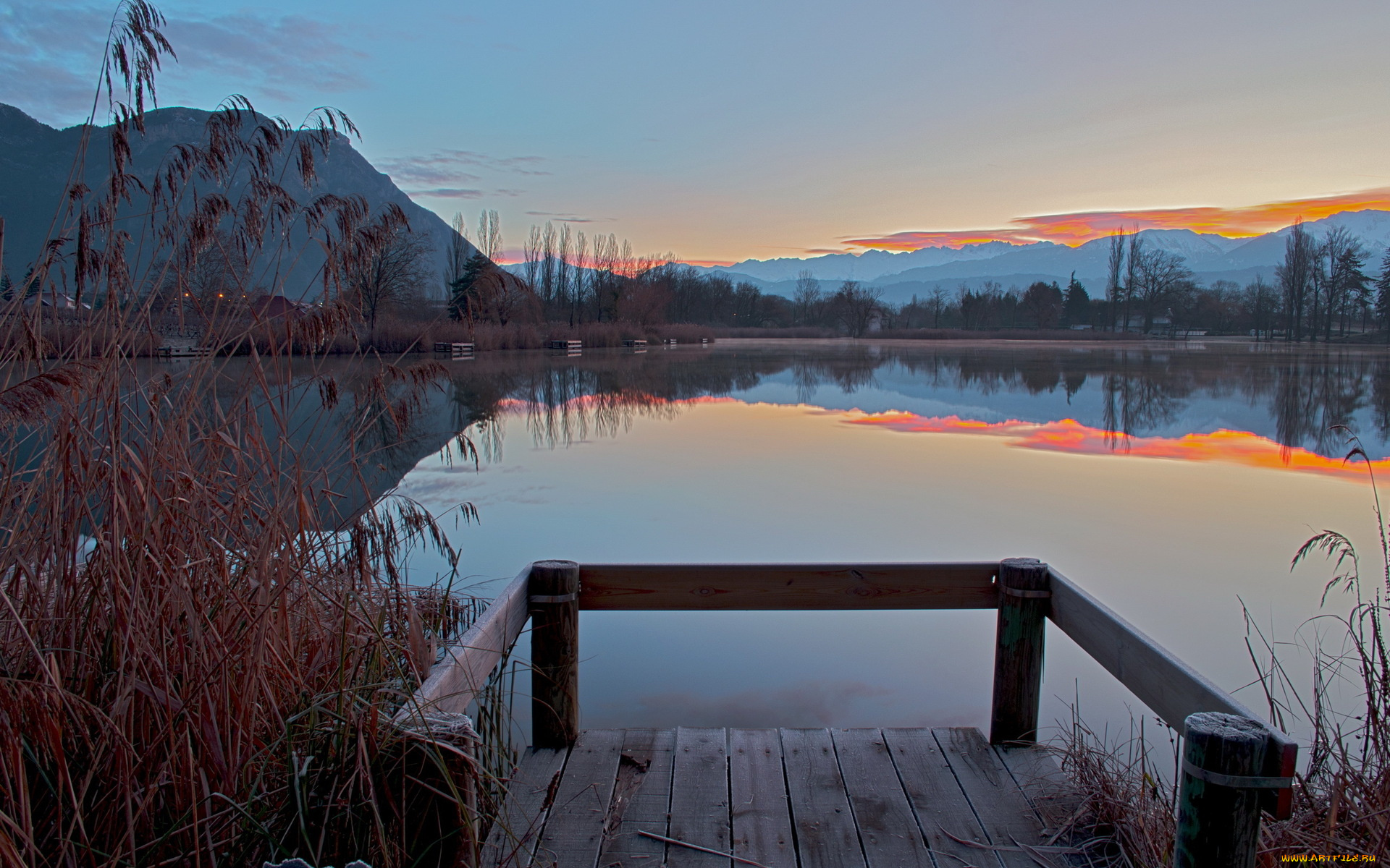 природа, реки, озера, камыш, озеро, мостик, горы