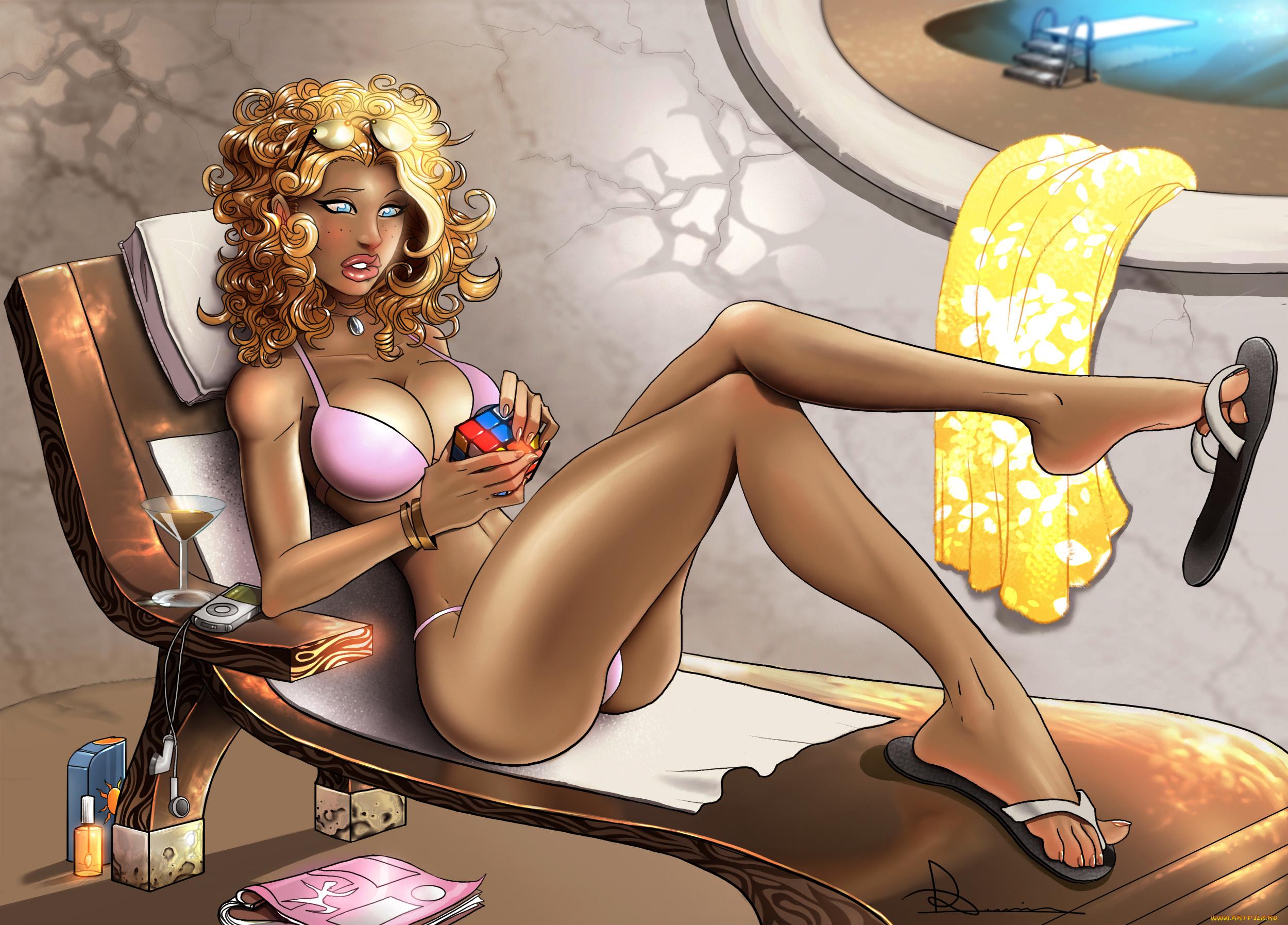 рисованные, люди, плеер, загар, очки, шезлонг, головоломка, рубика, кубик, купальник