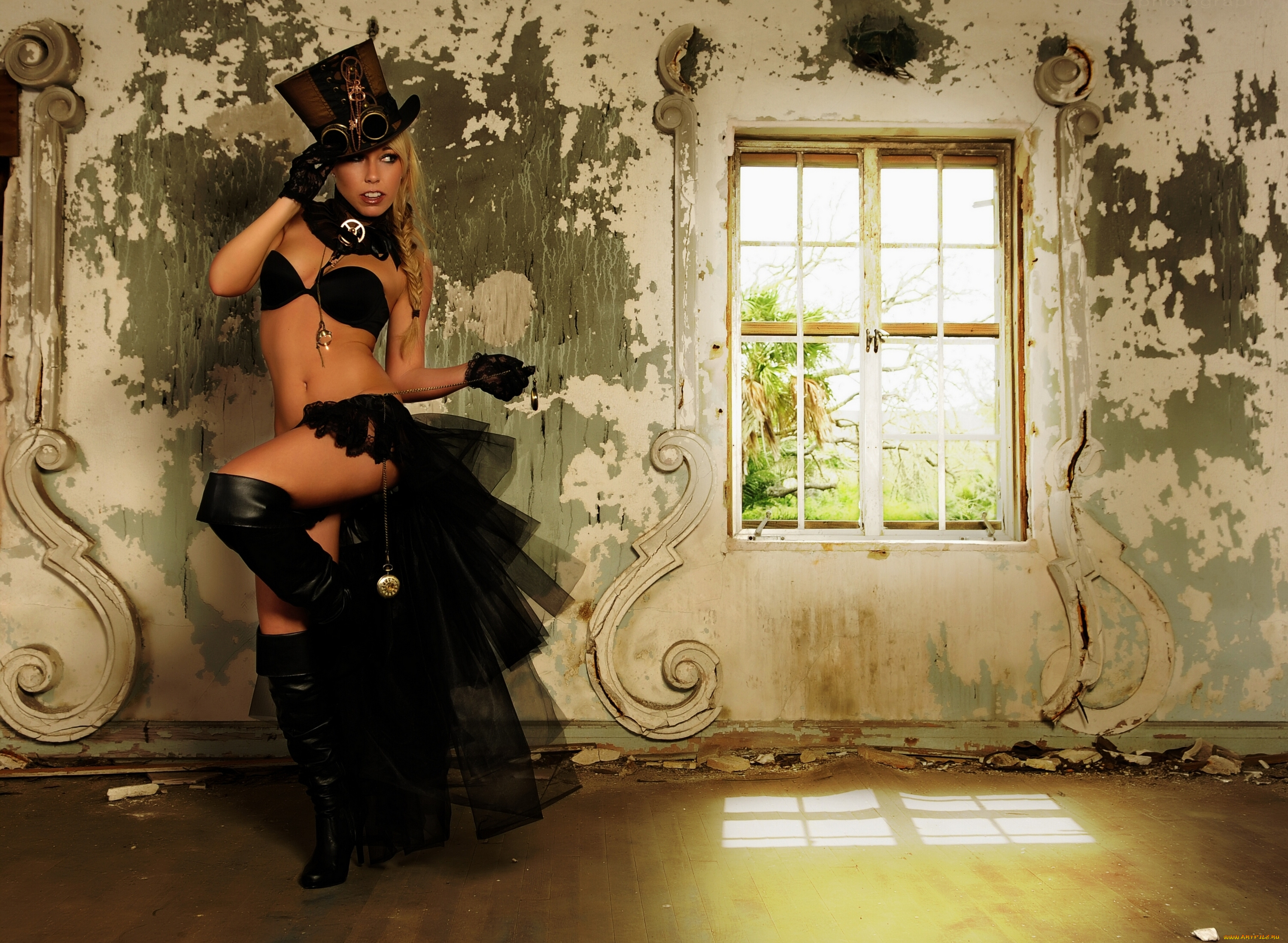 -Unsort, Блондинки, девушки, unsort, блондинки, sammy, lingerie, шляпа, сапоги, окно