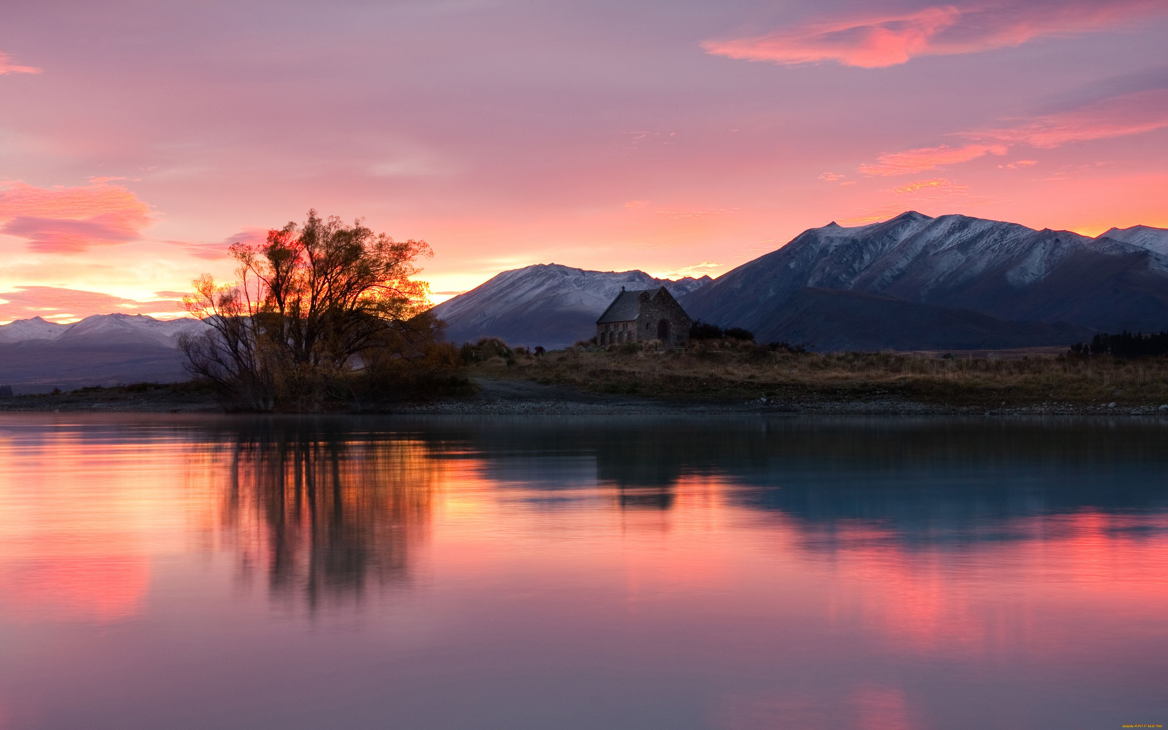 lake, tekapo, new, zealand, природа, реки, озера, пейзаж, дерево, новая, зеландия, озеро, закат, горы, церковь