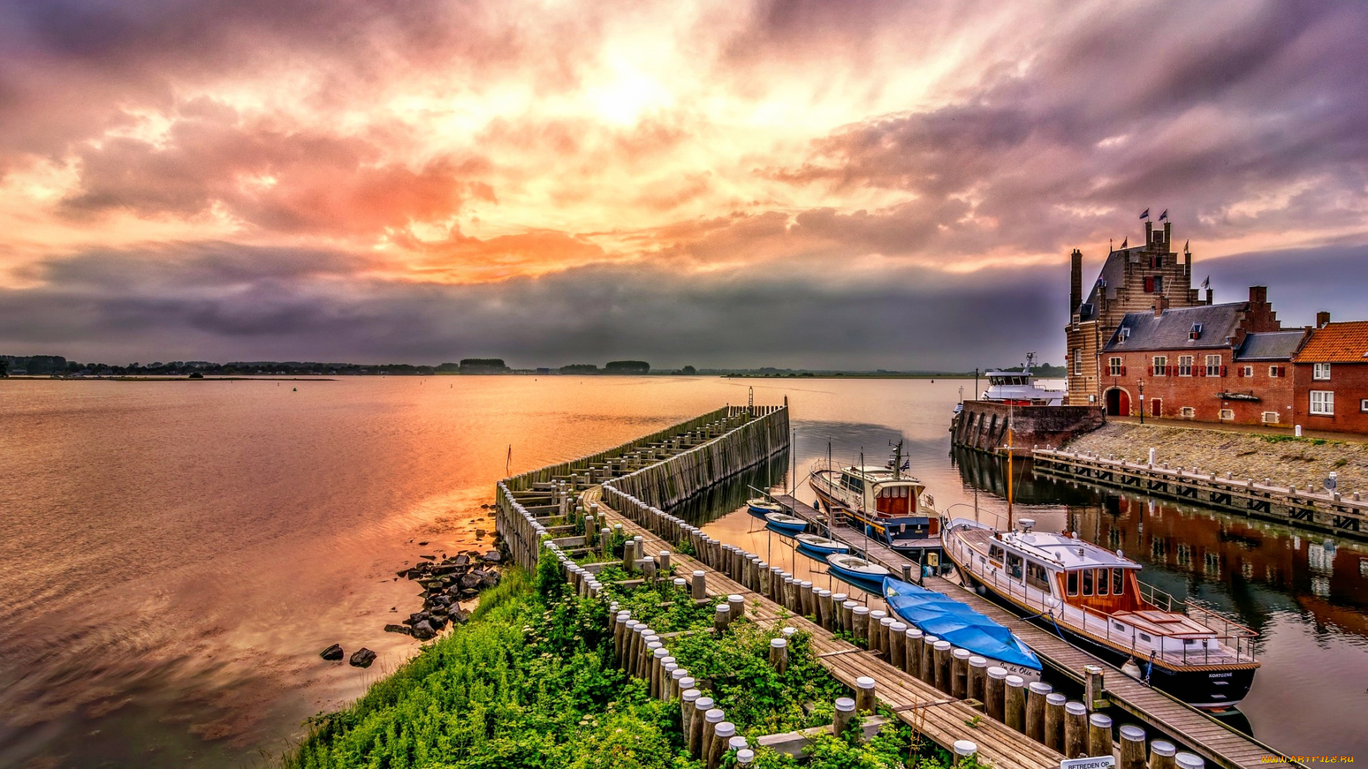 корабли, порты, причалы, заря, море, яхты, причал, мол