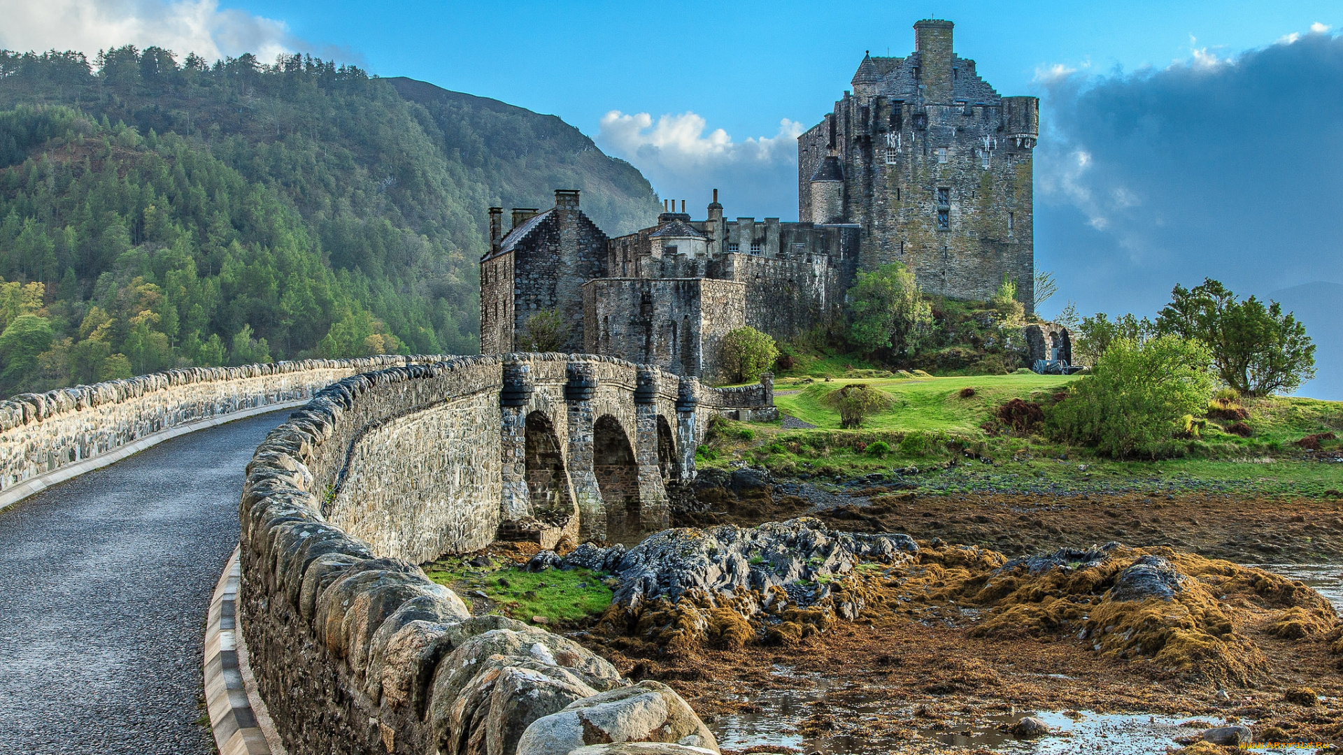 eilean, donan, castle, города, замок, эйлен-донан, , шотландия, замок, дорога, лес, горы