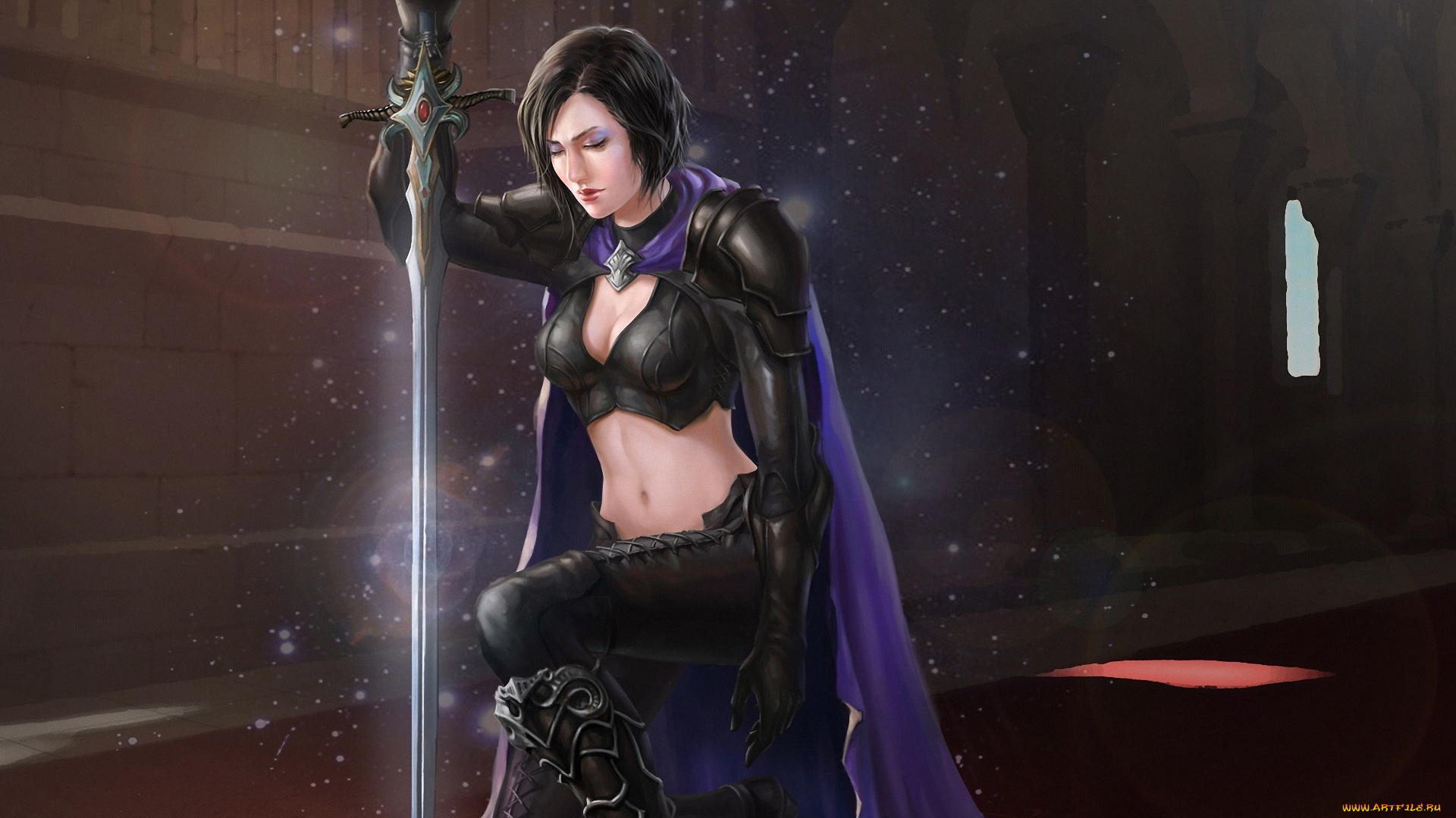 фэнтези, девушки, арт, искры, замок, плащ, меч, воин, девушка, yuxiang, luo