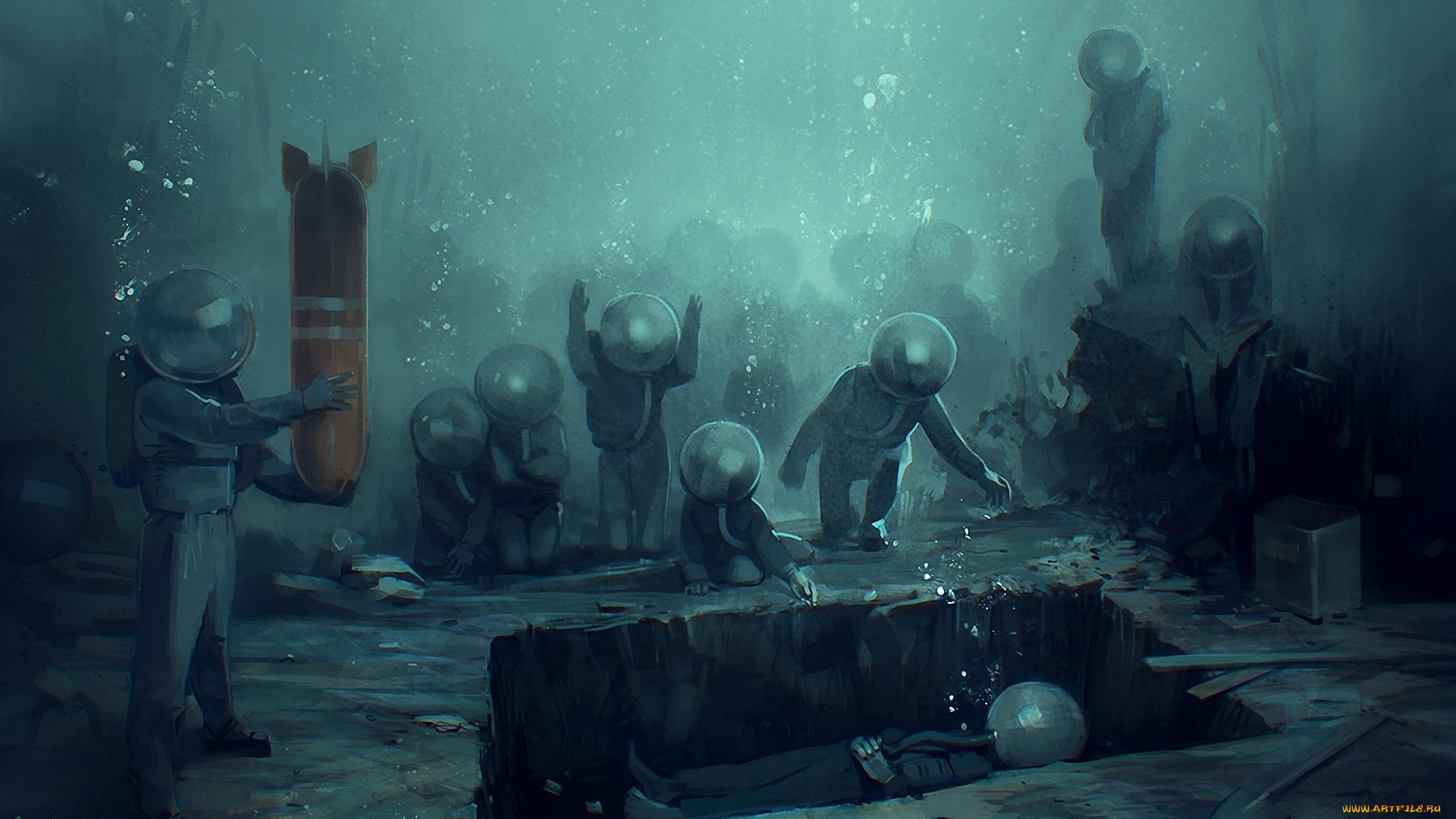 фэнтези, люди, иной, мир, похороны, могила, лопата, водолазы, подводный