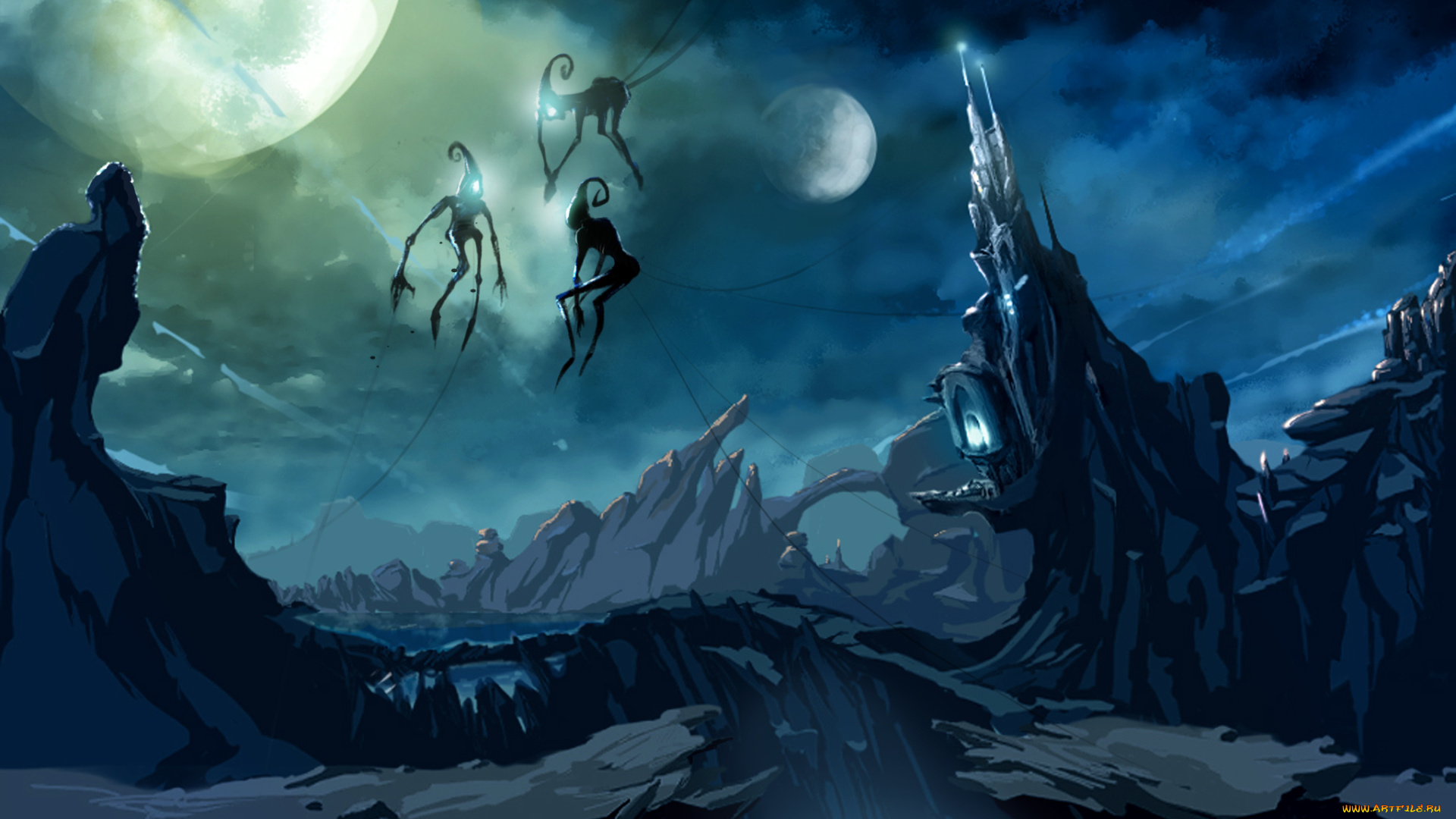 фэнтези, существа, планета, чужая, мир, иной, скалы