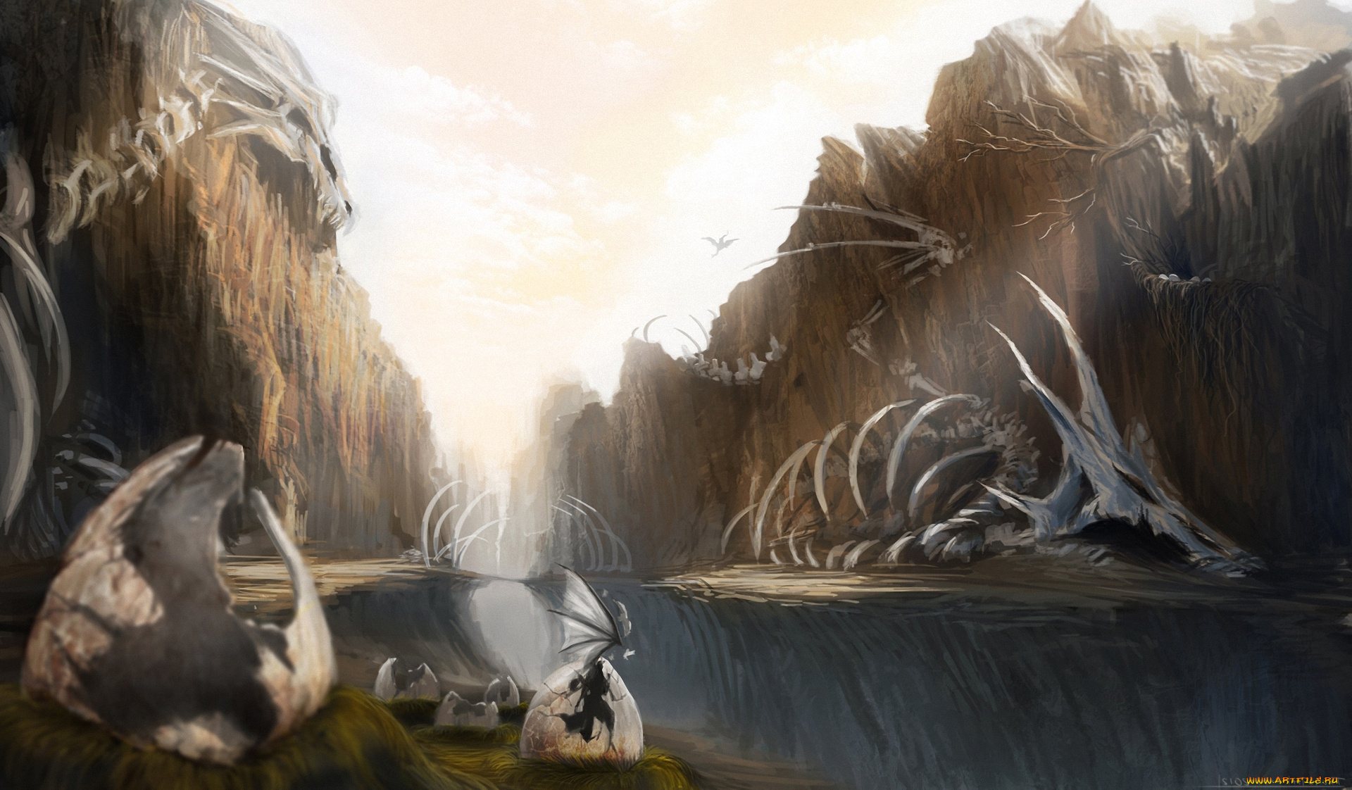 фэнтези, драконы, яйца, скалы, скелеты, ущелье, мир, иной