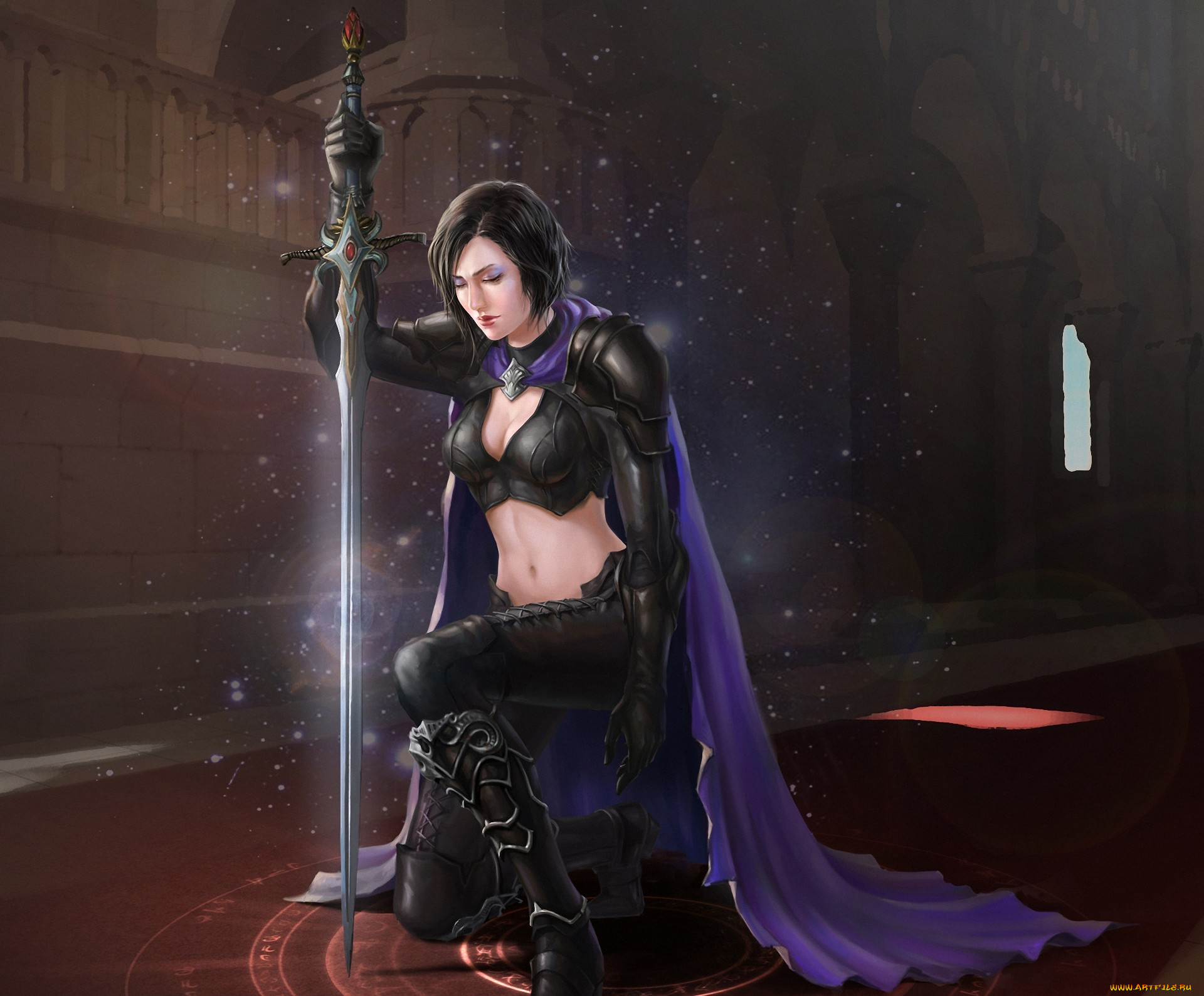 фэнтези, девушки, арт, искры, замок, плащ, меч, воин, девушка, yuxiang, luo