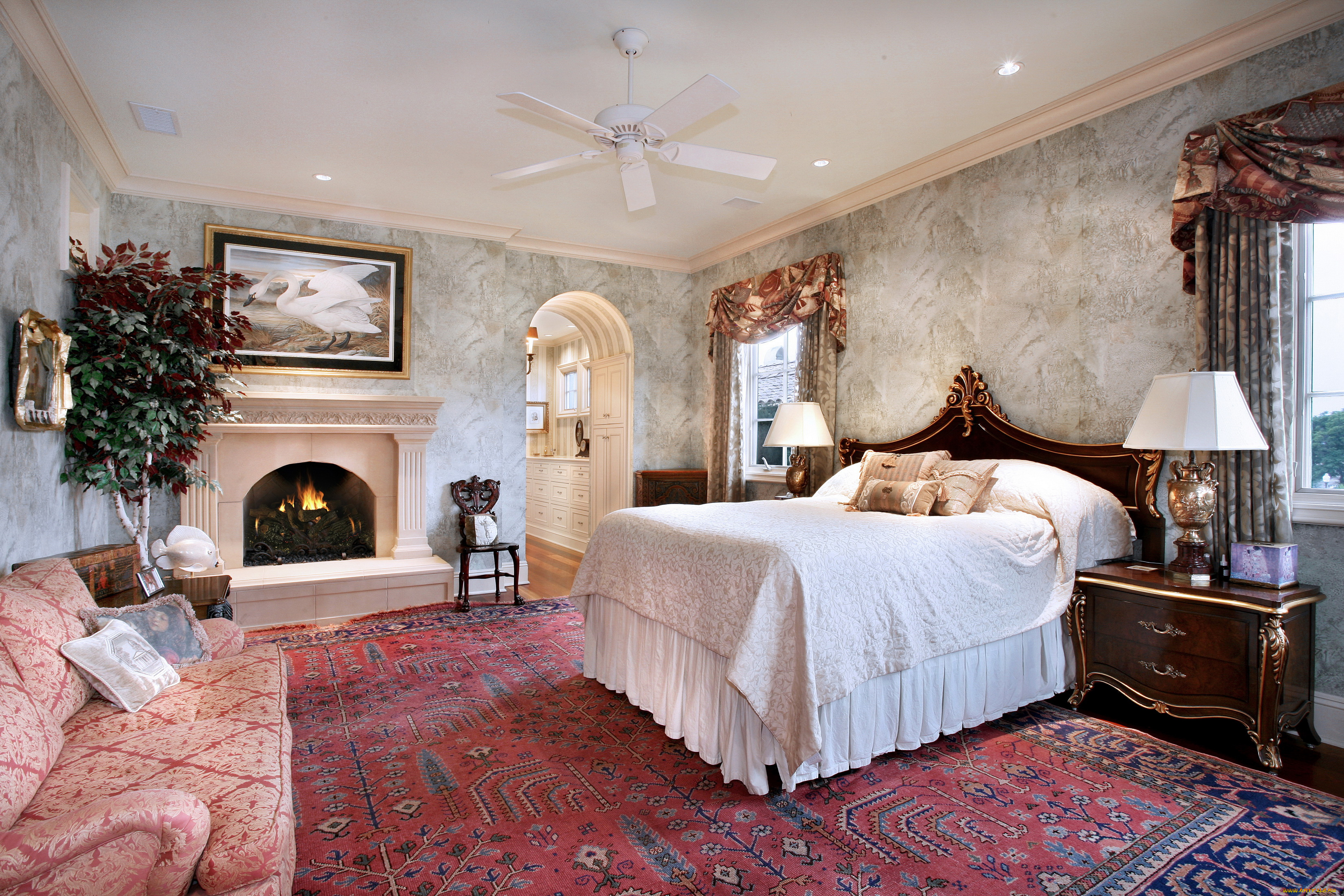 интерьер, спальня, дизайн, кровать, ковер, лампа, диван