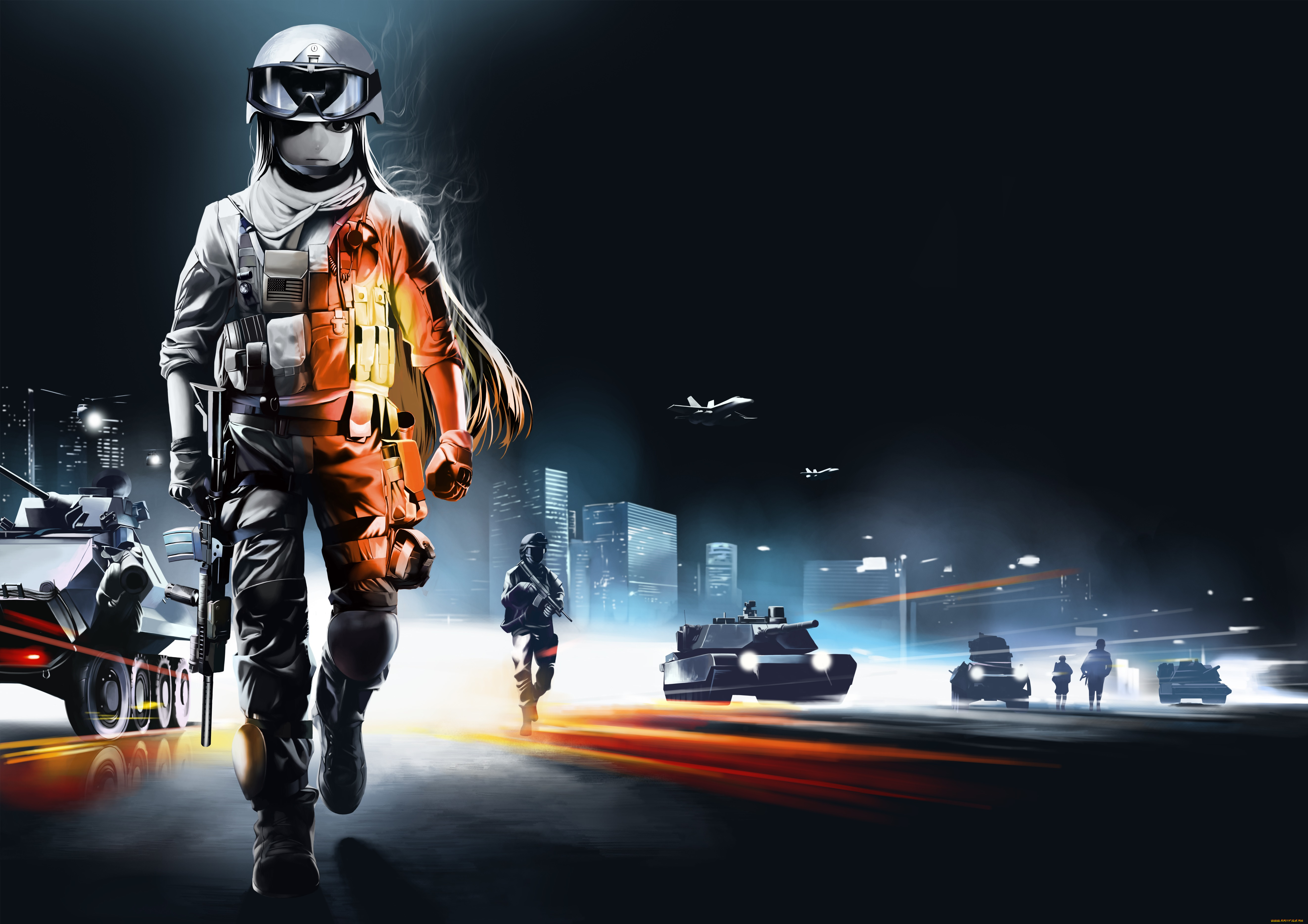 фэнтези, люди, оружие, battlefield, art, девушка, houraisan, kaguya, touhou, город, солдаты, брони, техника