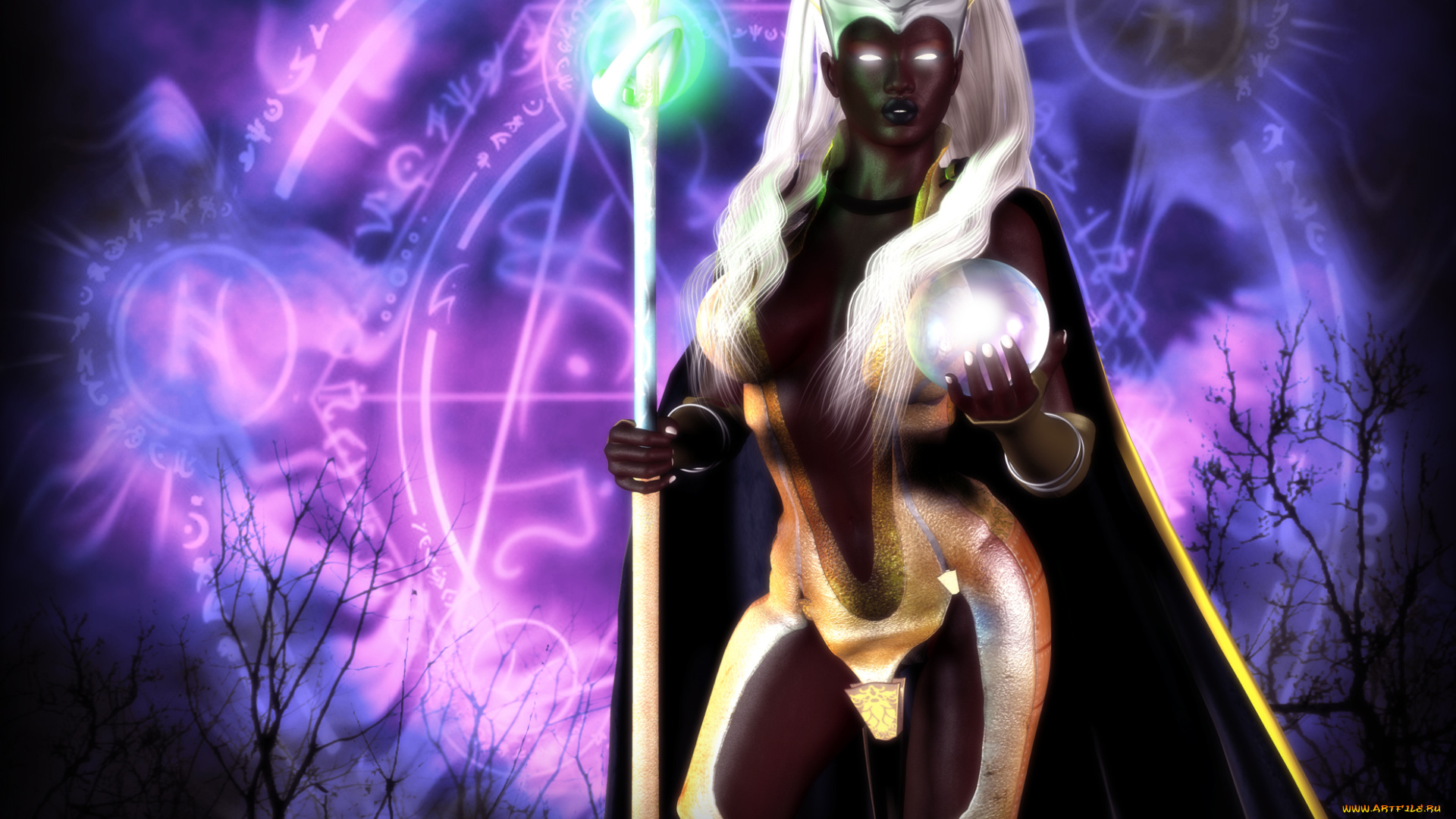 3д, графика, фантазия, , fantasy, девушка, шар, фон, взгляд, шест