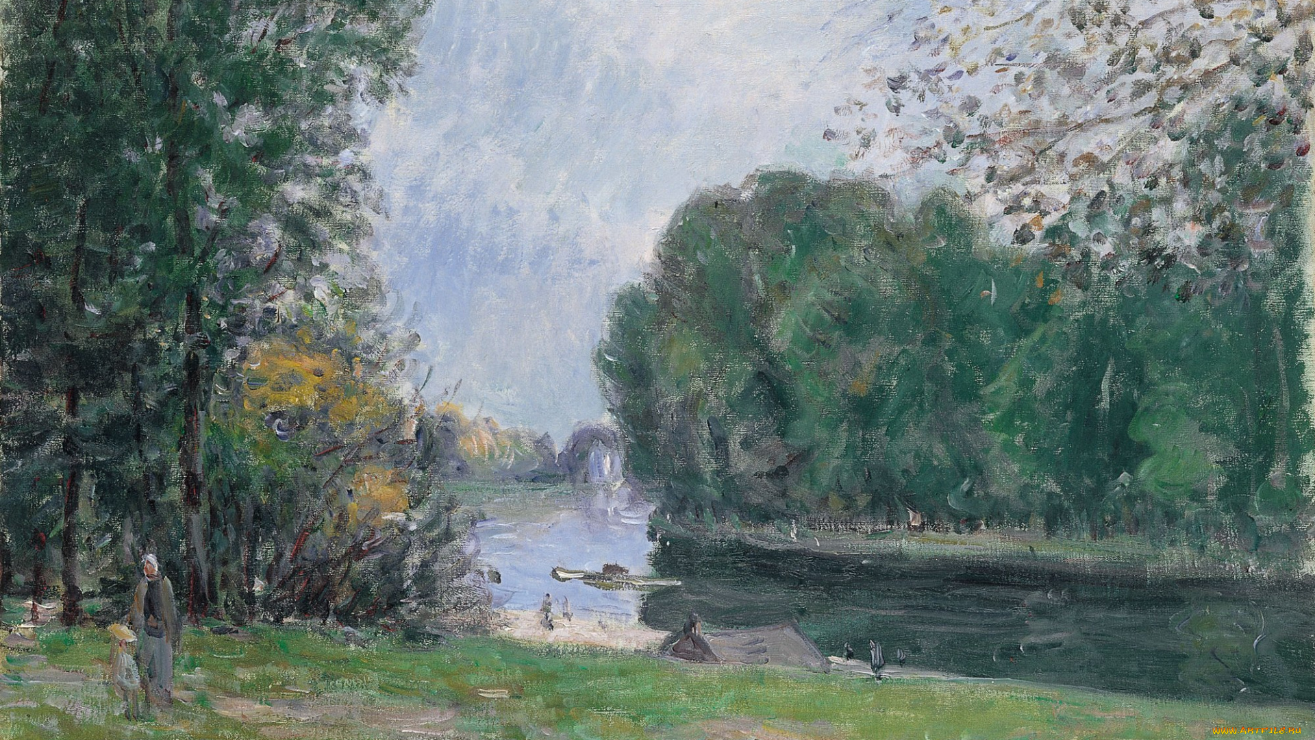 a, turn, of, the, river, loing, summer, рисованное, alfred, sisley, река, палатка, человек, лес, деревья