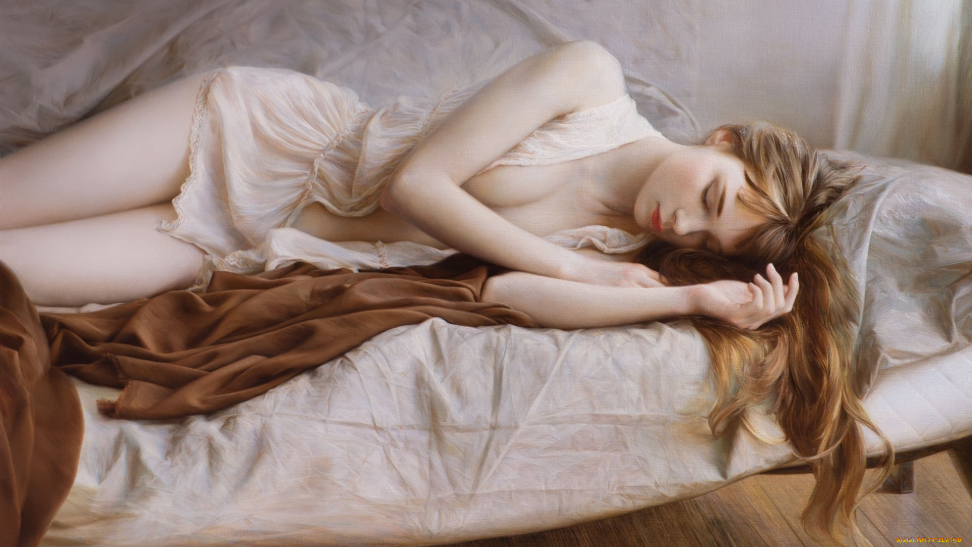 рисованное, люди, постель, сон, рыжая, покрывало, ночнушка