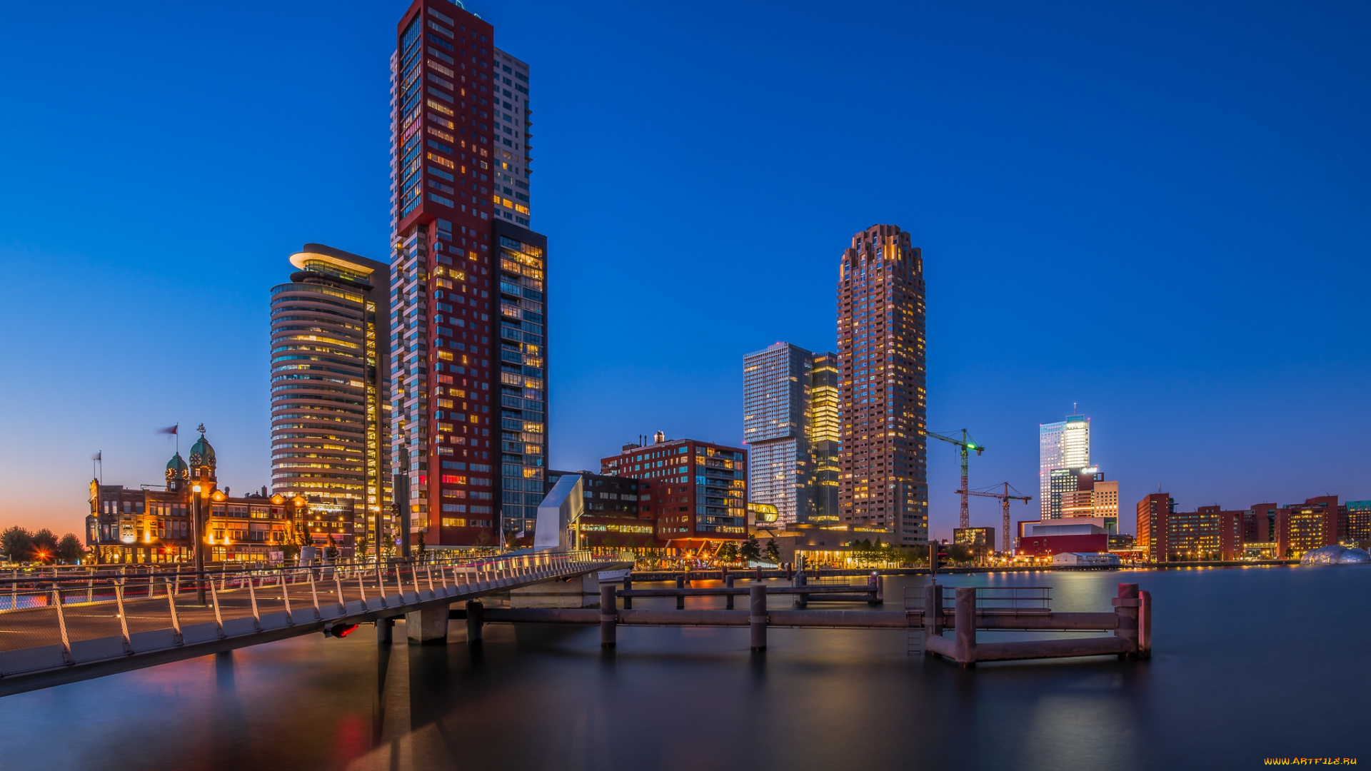 rotterdam, города, -, огни, ночного, города, огни, небоскребы, мост, гавань