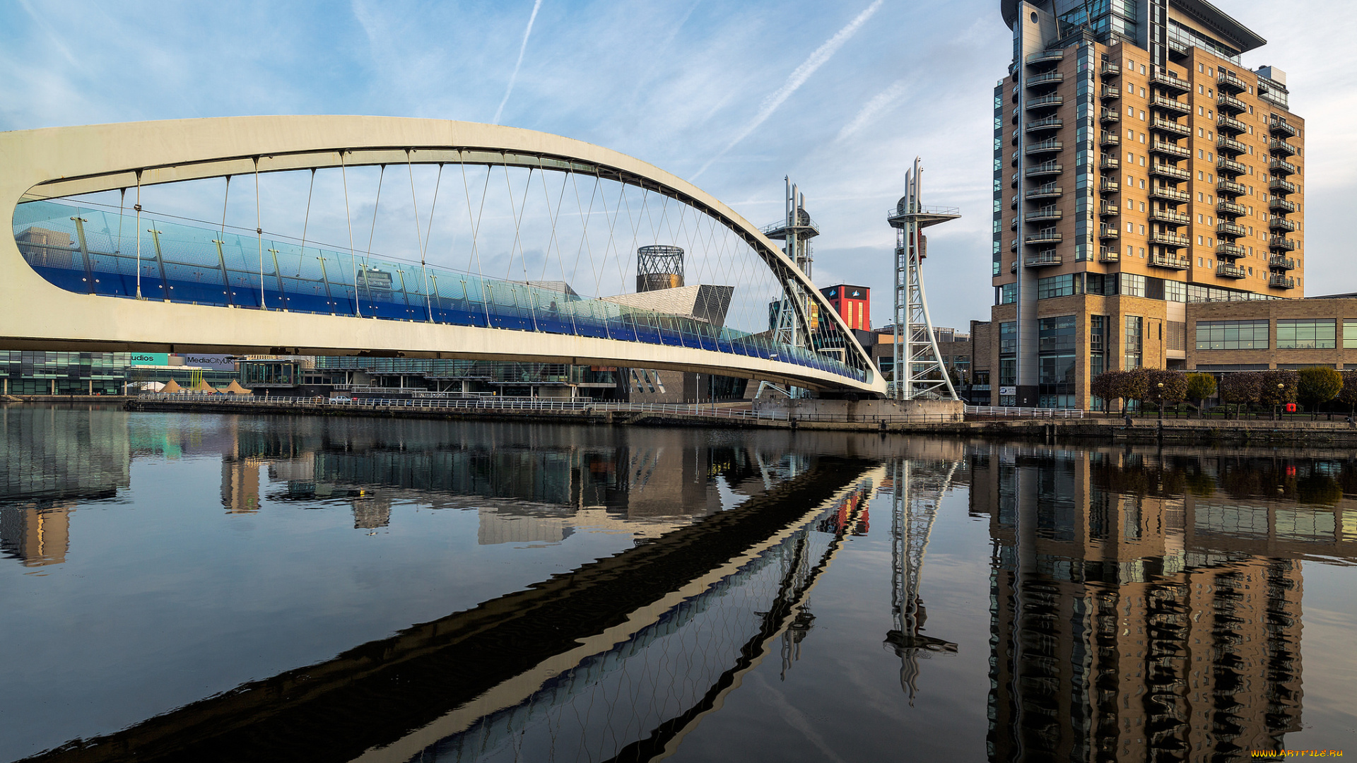 salford, quays, millennium, footbridge, города, -, мосты, река, мост