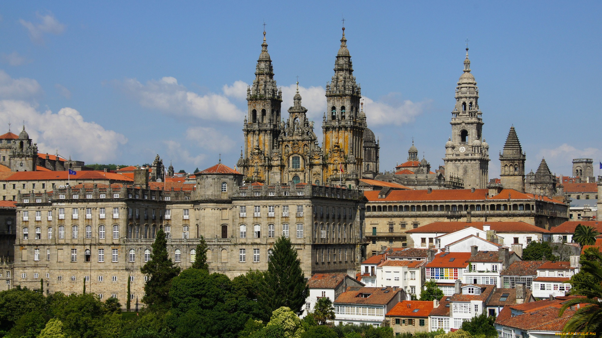 santiago, de, compostela, города, -, панорамы, башни, шпили