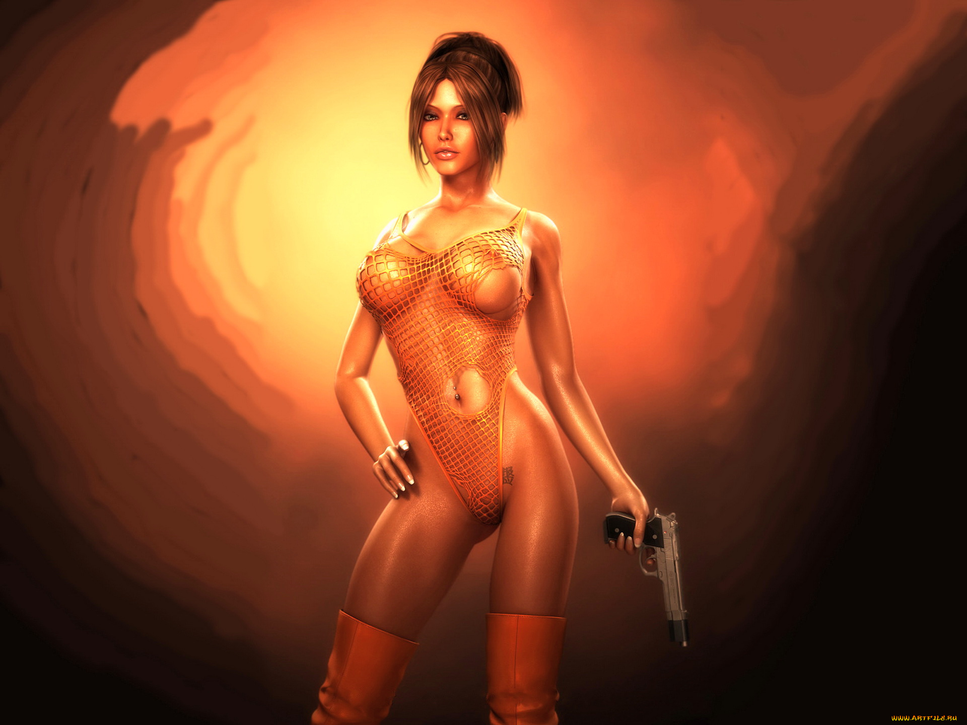 3д, графика, люди, , people, девушка, взгляд, фон, пистолет