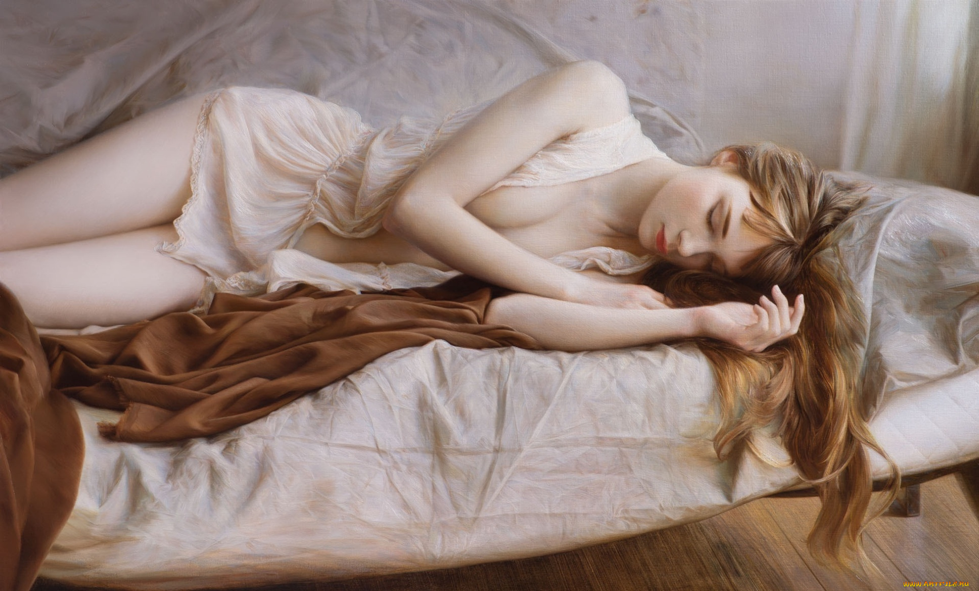 рисованное, люди, постель, сон, рыжая, покрывало, ночнушка