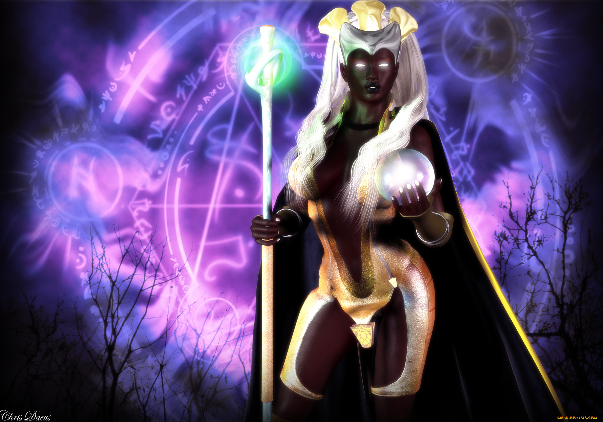 3д, графика, фантазия, , fantasy, девушка, шар, фон, взгляд, шест