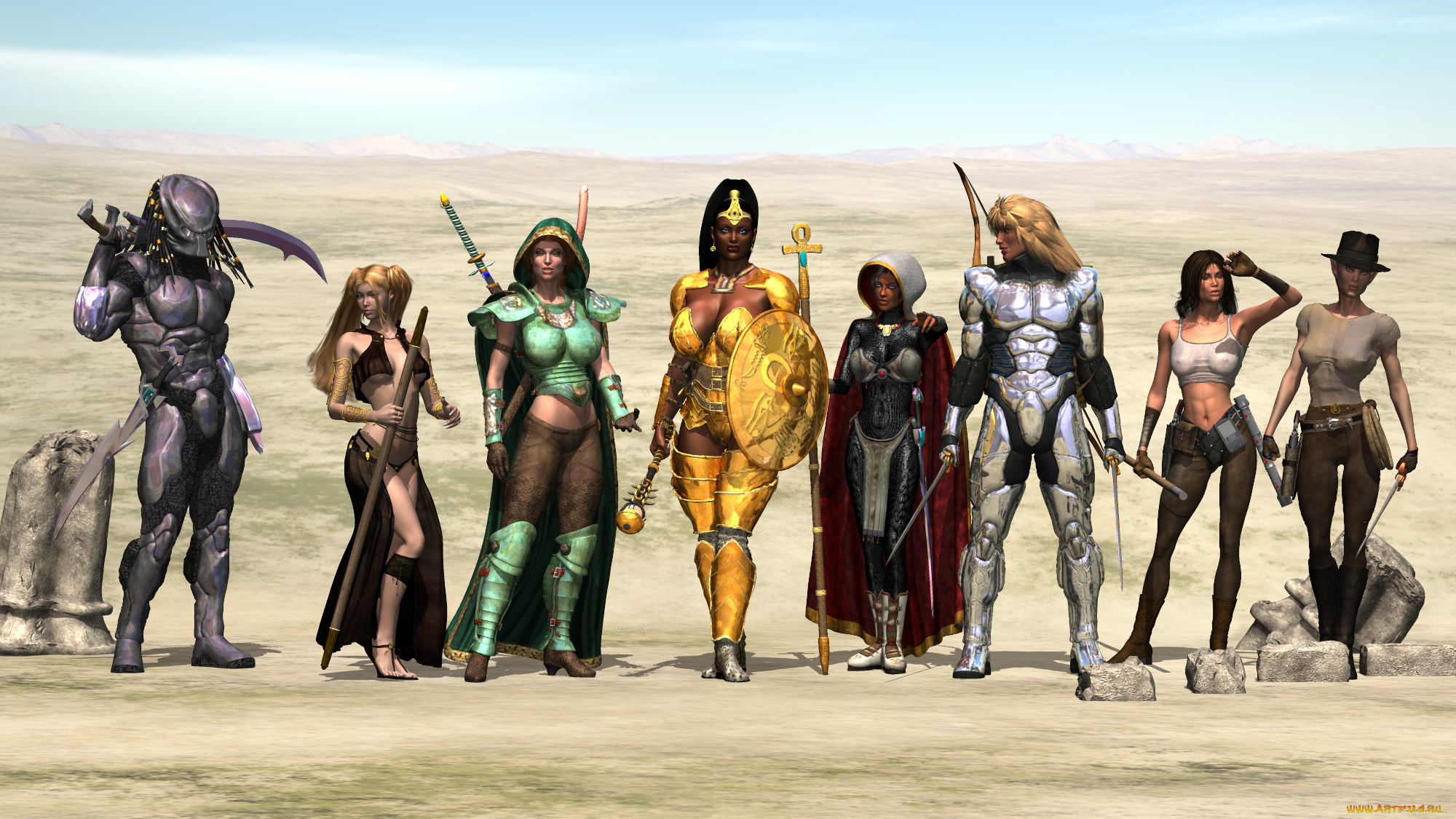 3д, графика, фантазия, , fantasy, взгляд, девушки, команда, фон, оружие