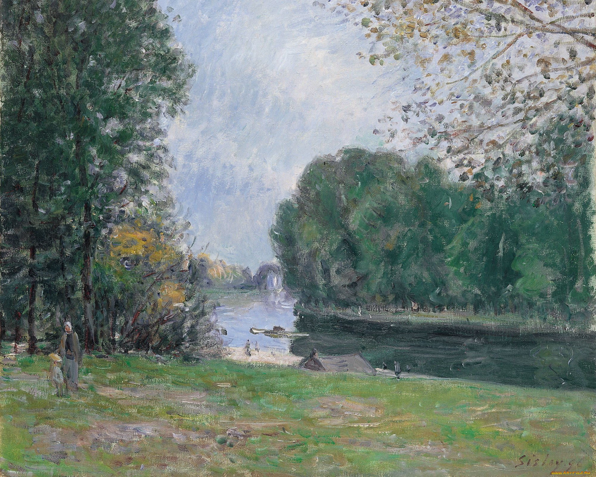 a, turn, of, the, river, loing, summer, рисованное, alfred, sisley, река, палатка, человек, лес, деревья