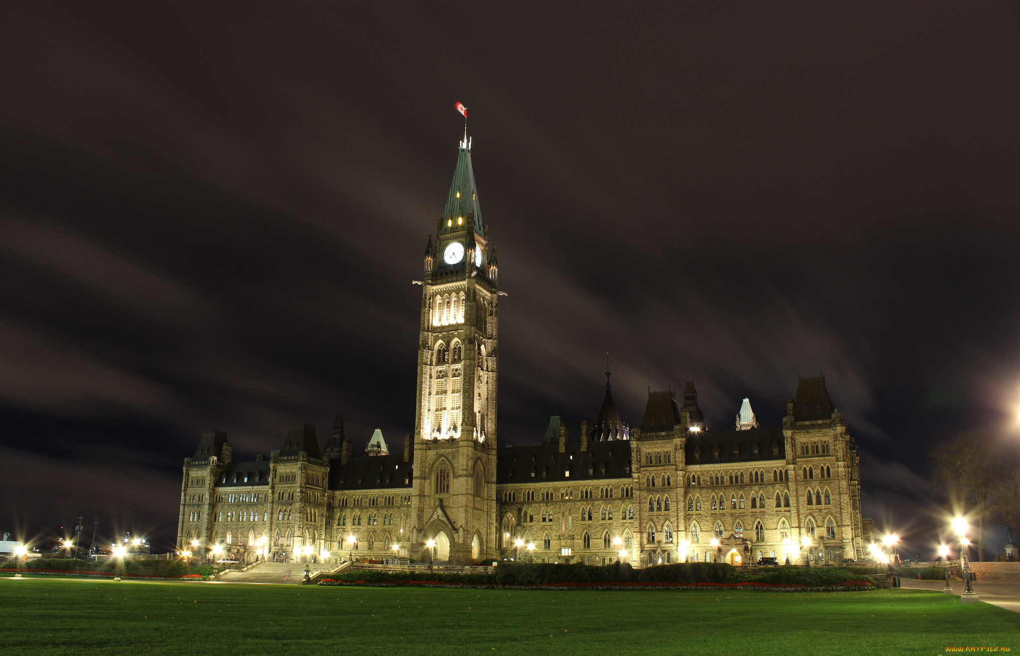 canadian, parliament, building, -, centre, block, города, оттава, , канада, ночь, лужайка, парламент