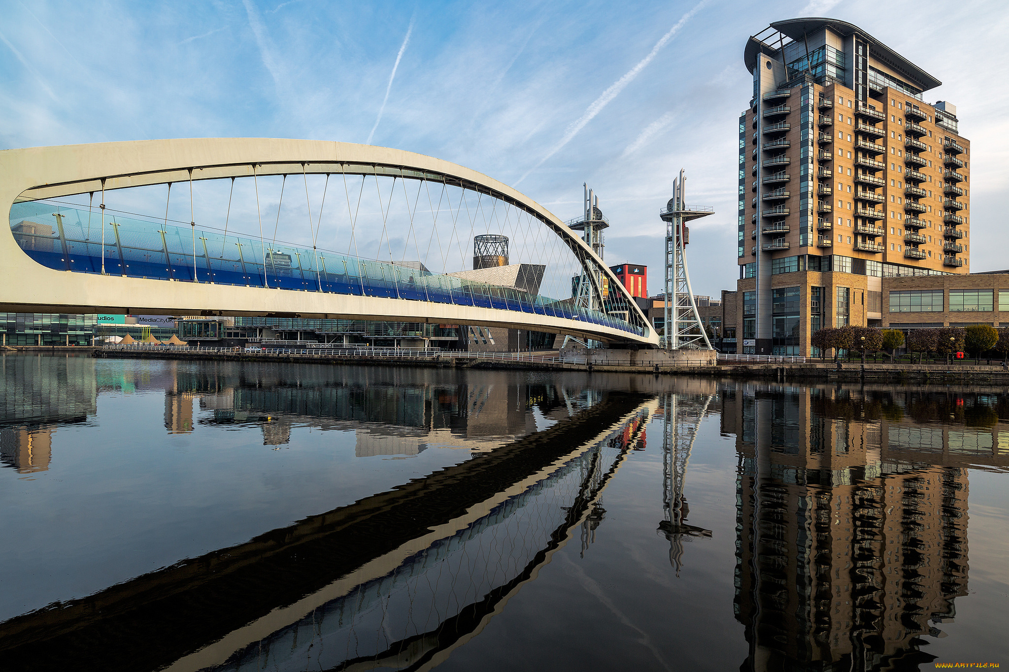 salford, quays, millennium, footbridge, города, -, мосты, река, мост