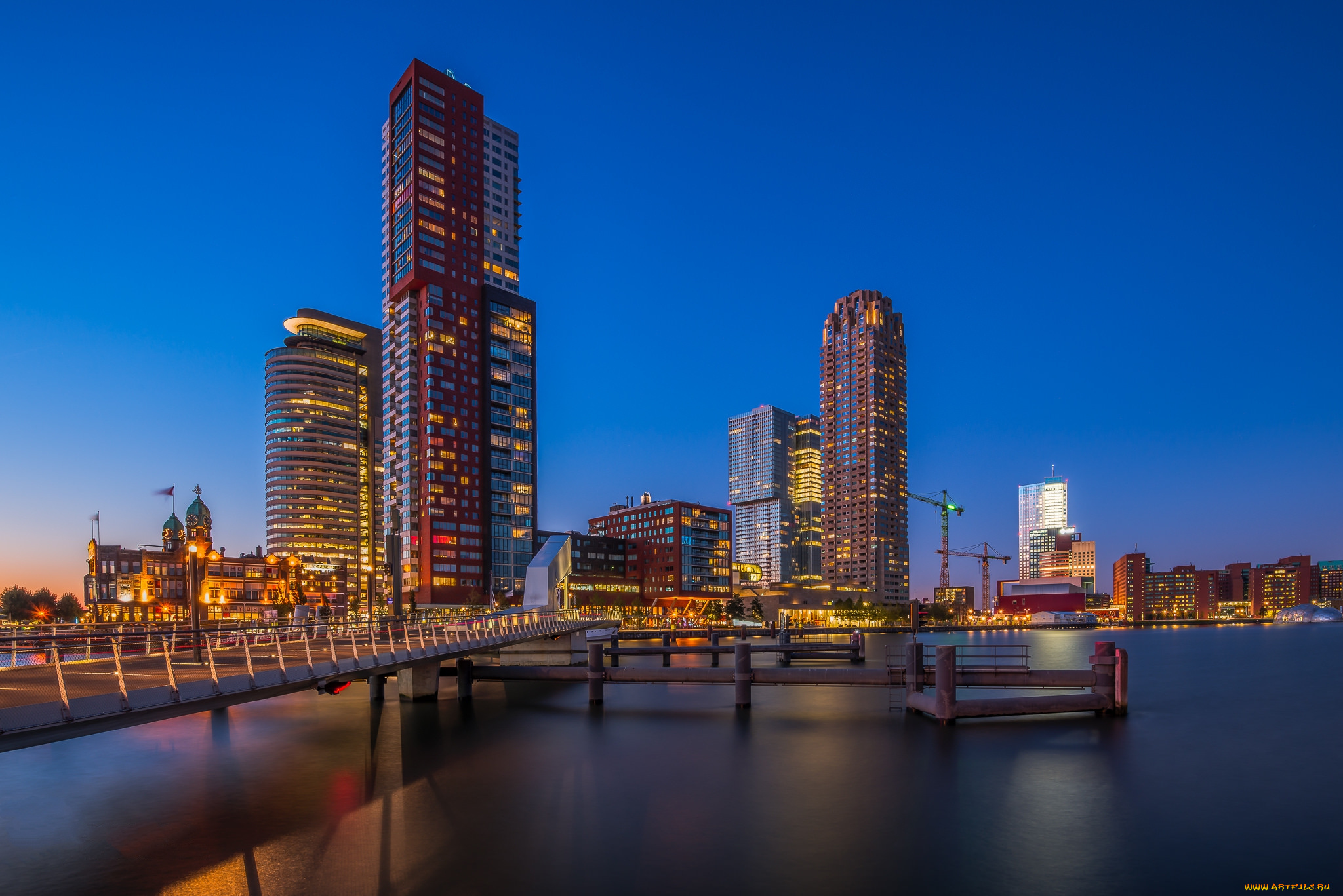 rotterdam, города, -, огни, ночного, города, огни, небоскребы, мост, гавань