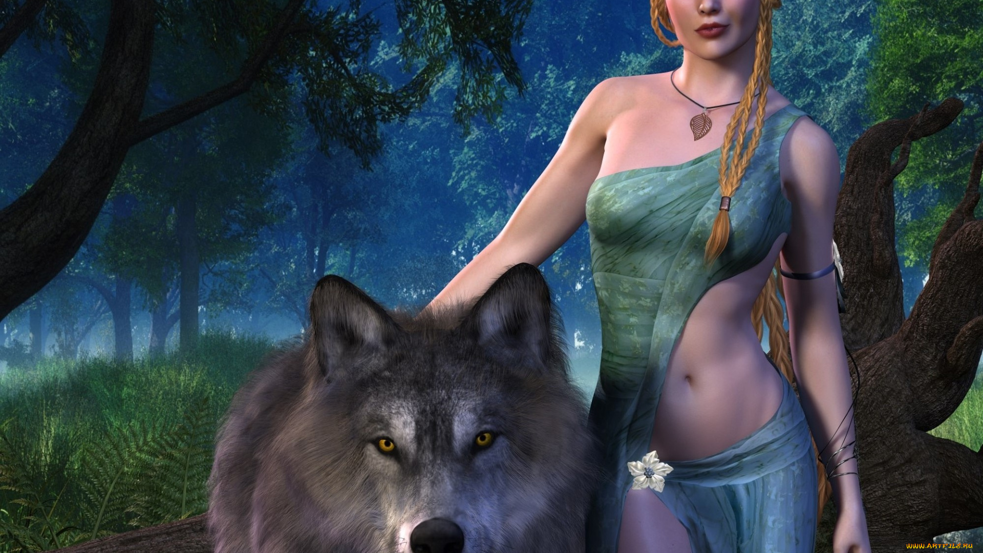 3д, графика, эльфы, , elves, эльфийка, взгляд, фон, волк