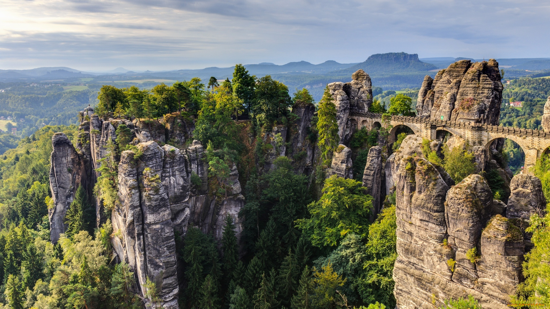 природа, горы, деревья, мост, небо, скалы