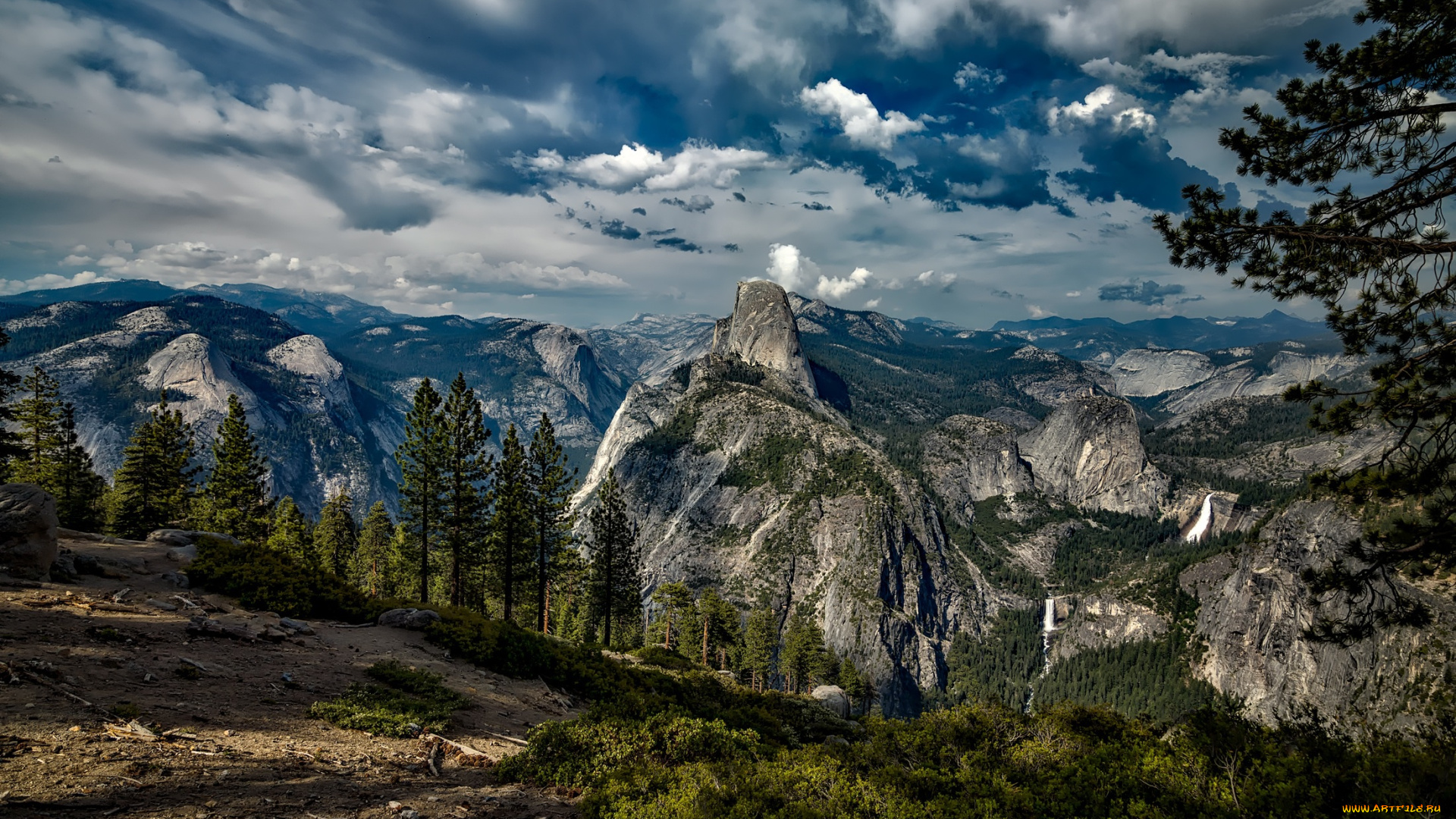 природа, горы, камни, панорама, калифорния, деревья, склон, скалы, yosemite, national, park, лес, сша, возвышенность, йосемити, облака