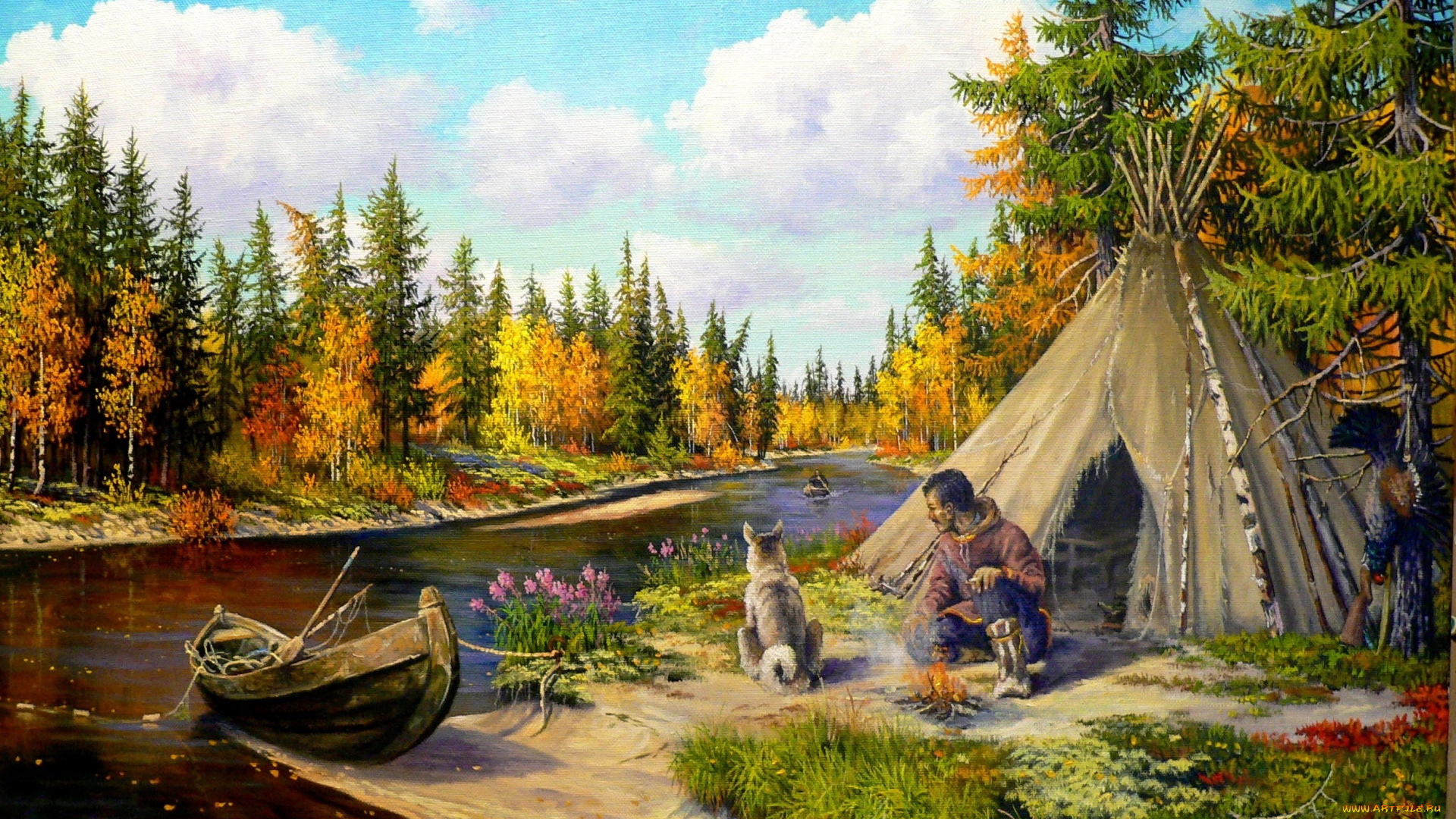 рисованное, андрей, лях, река, природа, андрей, лях, арт, собака, лодка, тайга, охотник