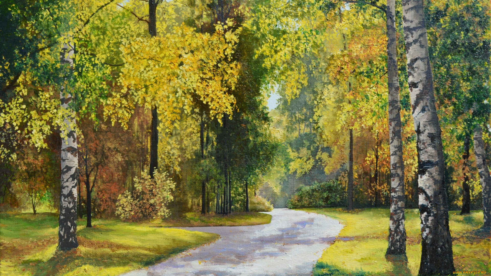 рисованное, живопись, картина, природа, холст, деревья, дорога, лес, трава, пейзаж, луценко, тропа, в, осеннем, наряде, кусты