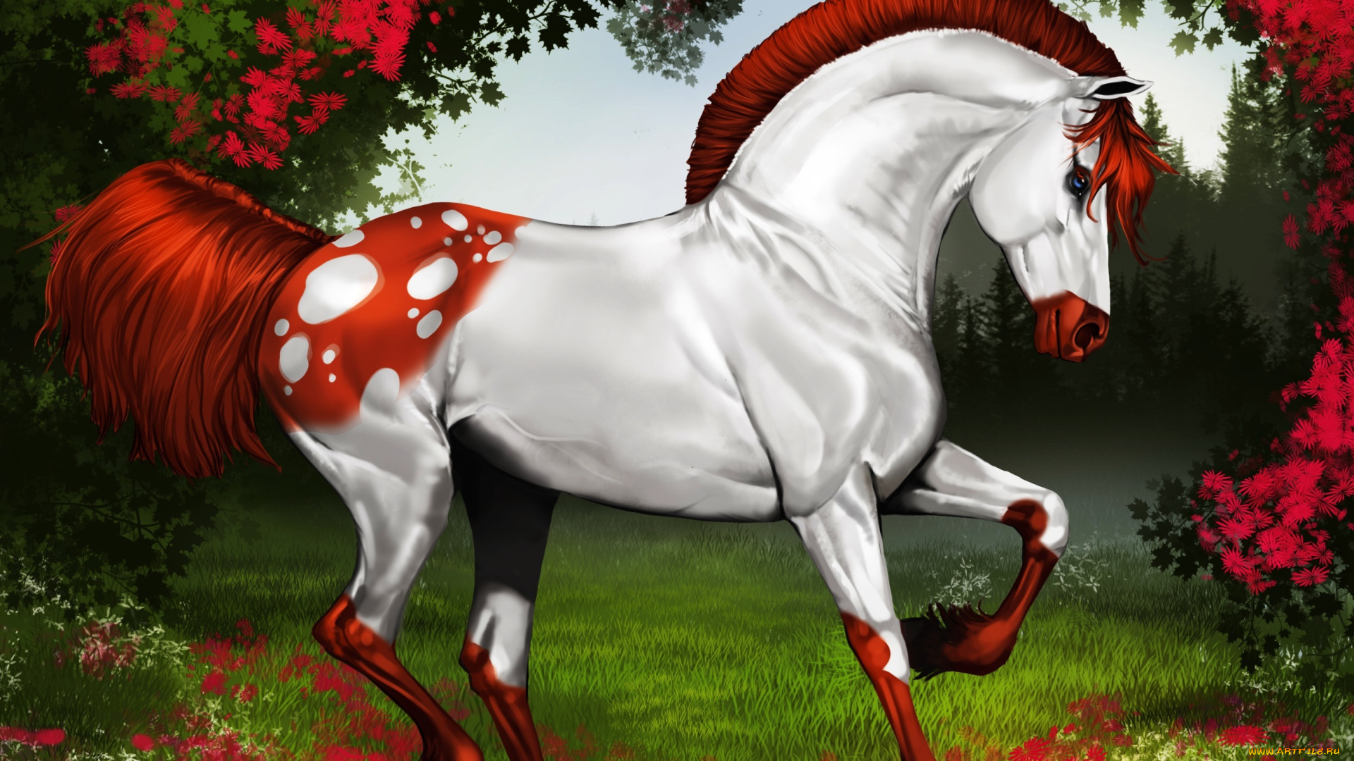 рисованное, животные, , лошади, грива, цветы, зелень, лес, лошадь, moulin, rouge, forest, рисунок, хвост