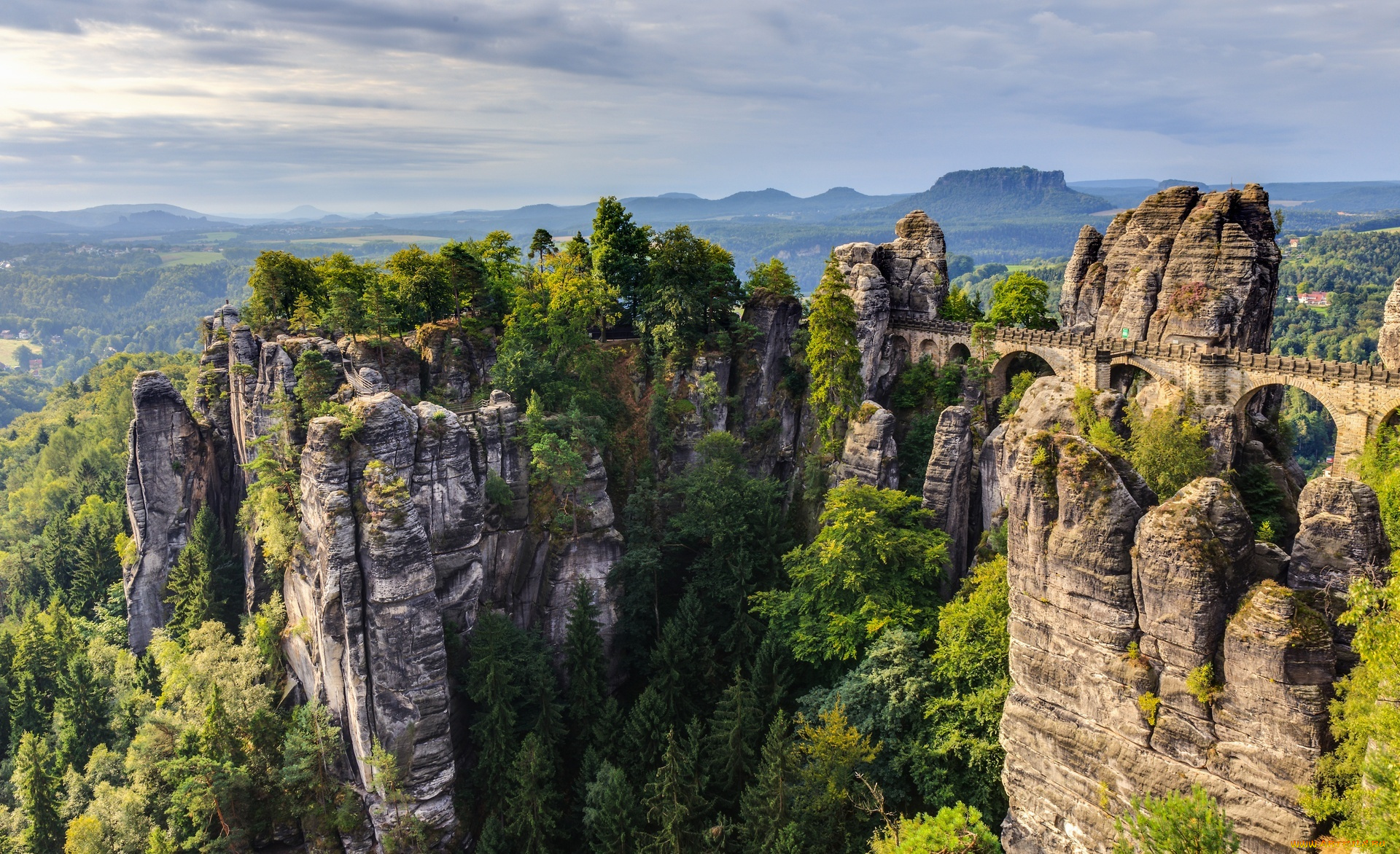 природа, горы, деревья, мост, небо, скалы