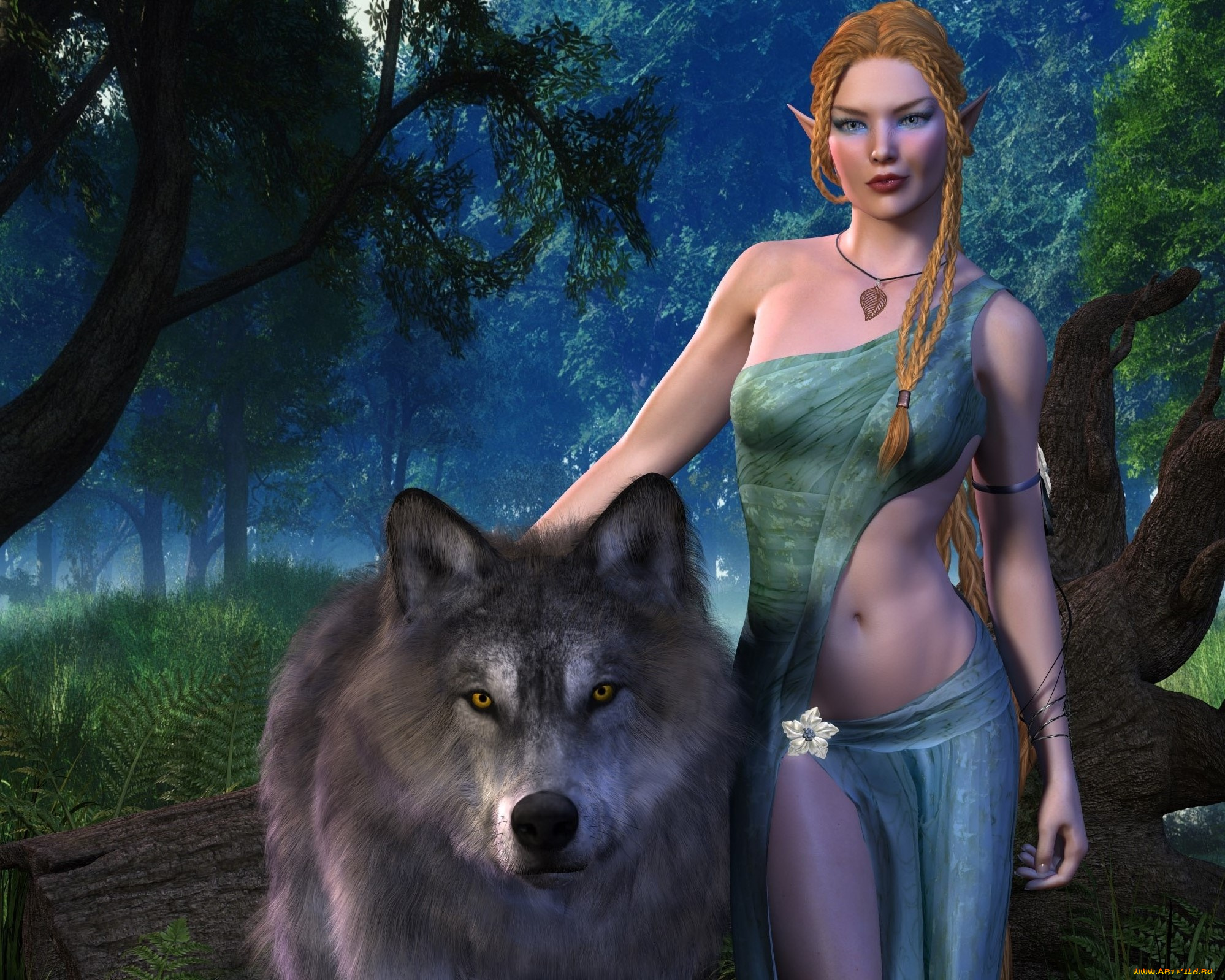 3д, графика, эльфы, , elves, эльфийка, взгляд, фон, волк