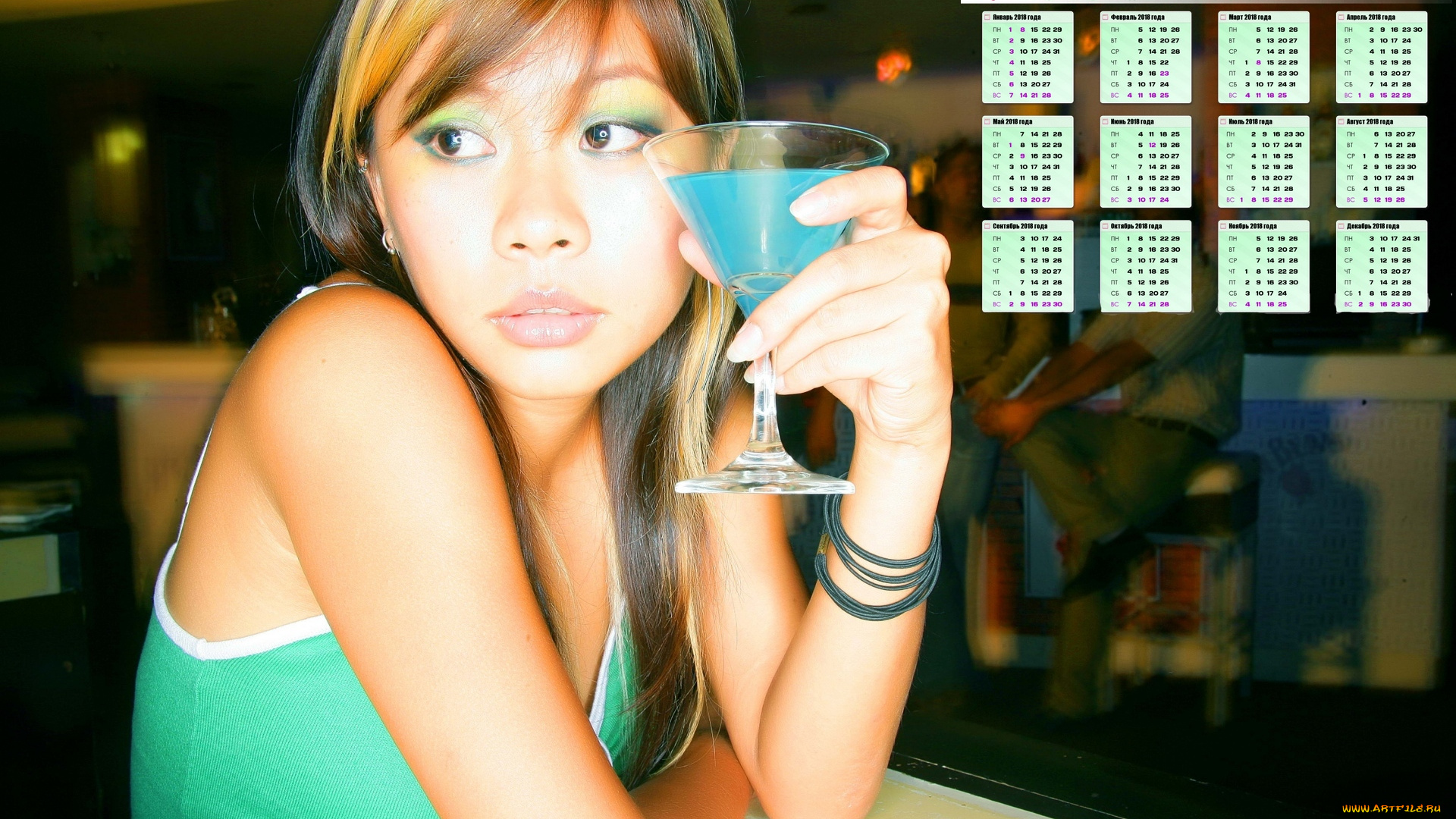 календари, девушки, бокал, азиатка