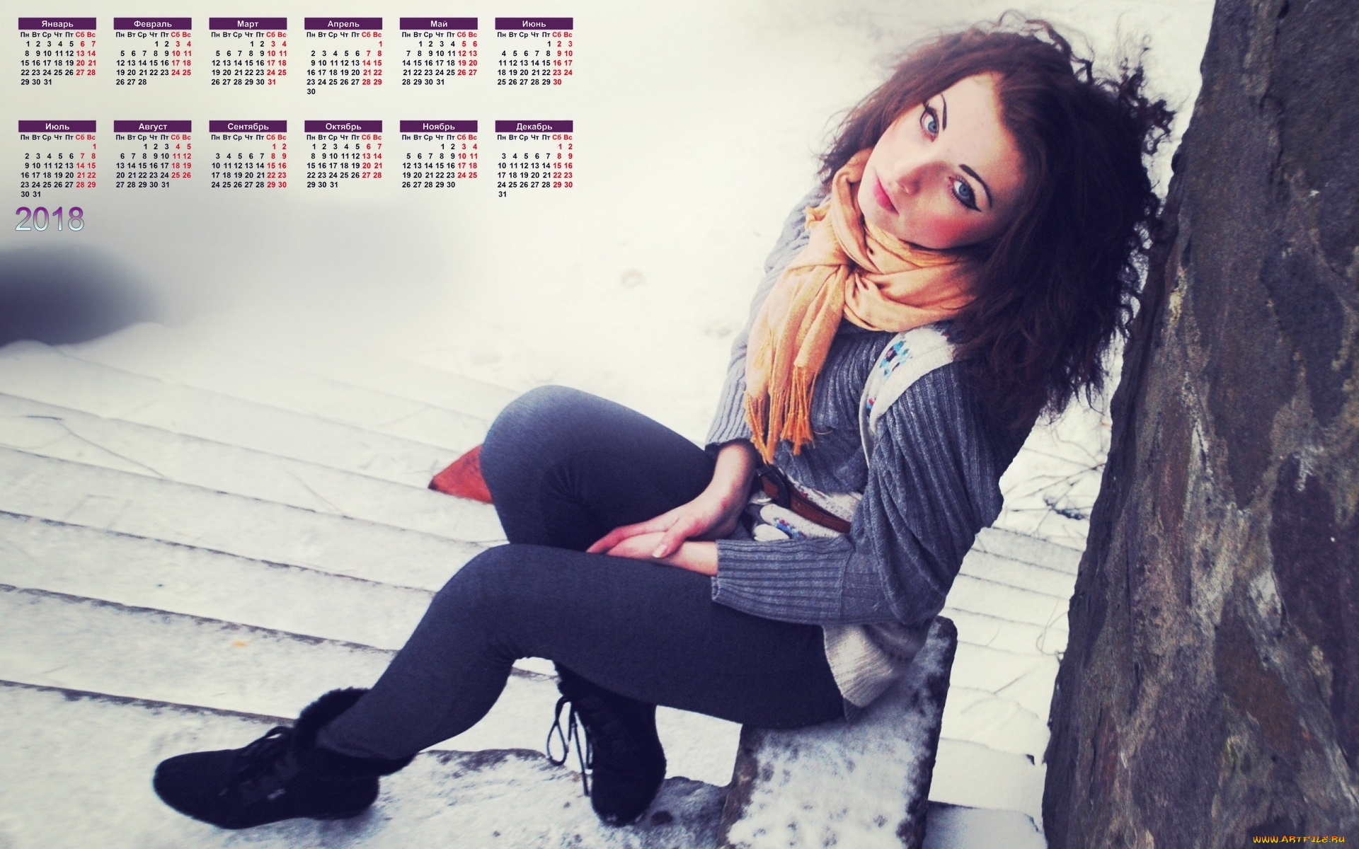 календари, девушки, ступени, взгляд