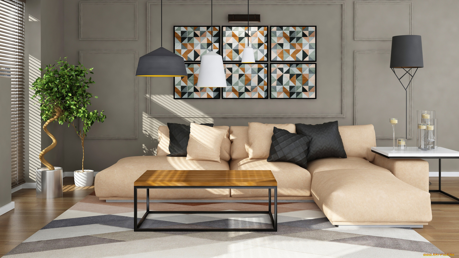 3д, графика, реализм, , realism, диван, подушки, хай-тек, интерьер, дизайн, лампа, стиль