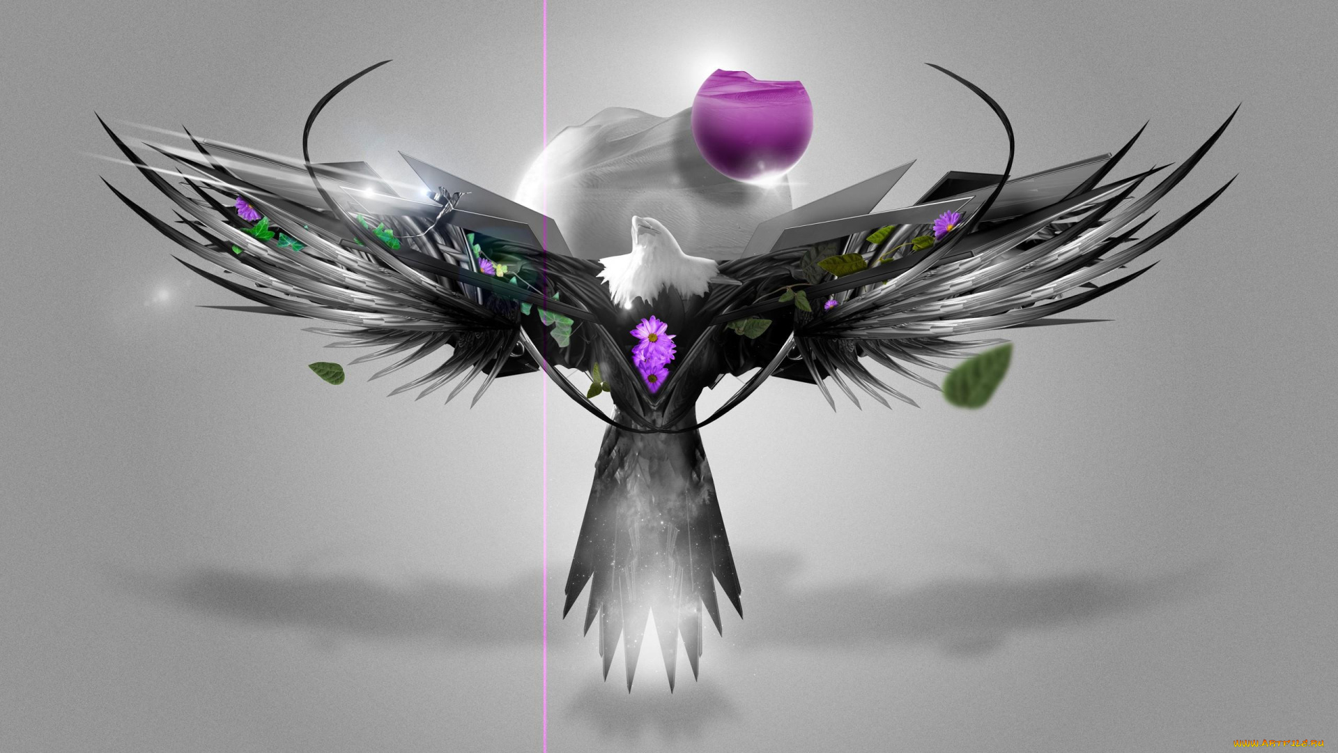 3д, графика, животные, , animals, птица, орел, цветы, листья